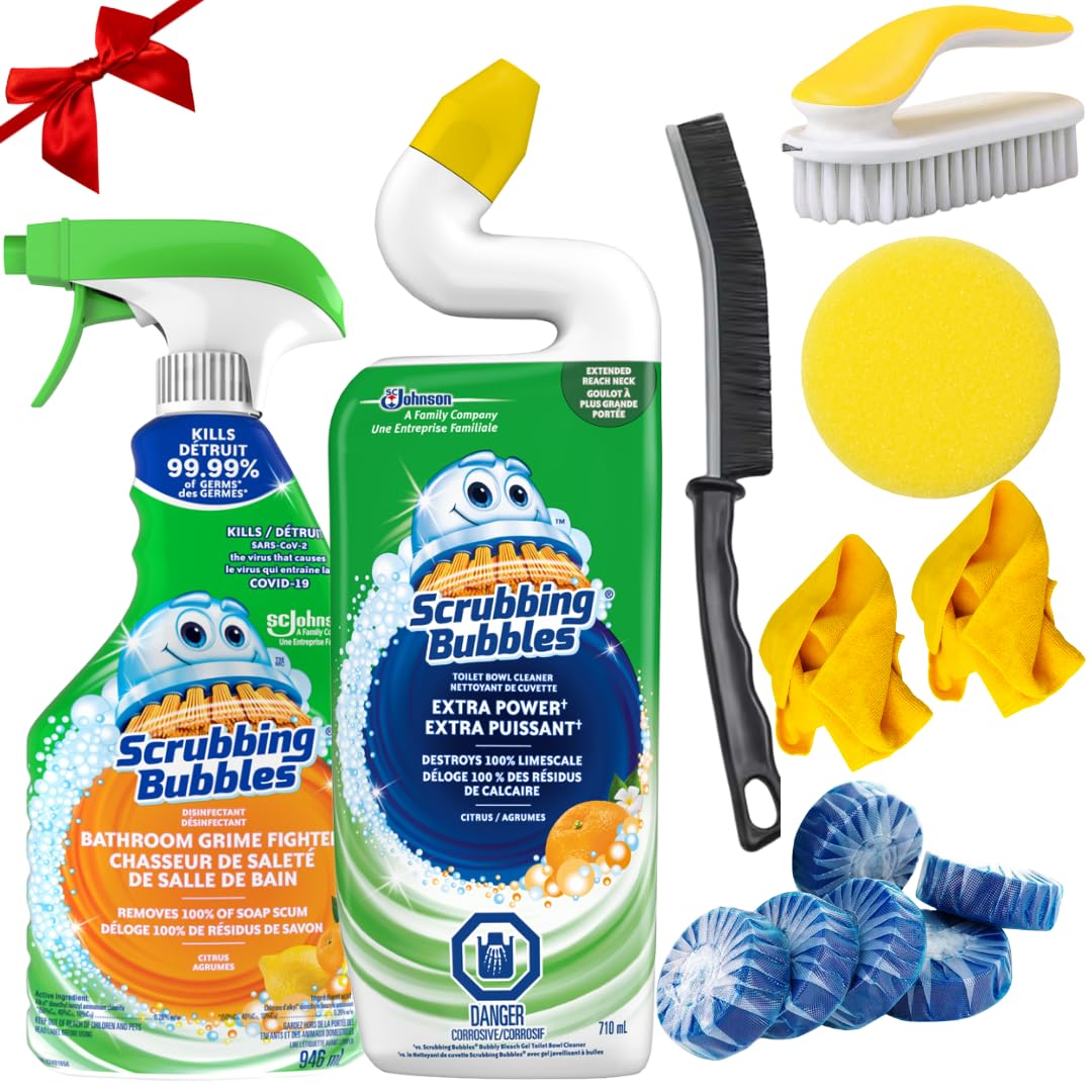 13PACK TOTAL BATHROOM BUNDLE|Citrus Scrubbing Bubbles Extra Power Toilet Bowl Cleaner+All Purpose Spray, Sponge, Crevice Brush, Cleaning Brush, 6X Toilet Bowl Cleaner Tablets, 2 Microfibre Cloths