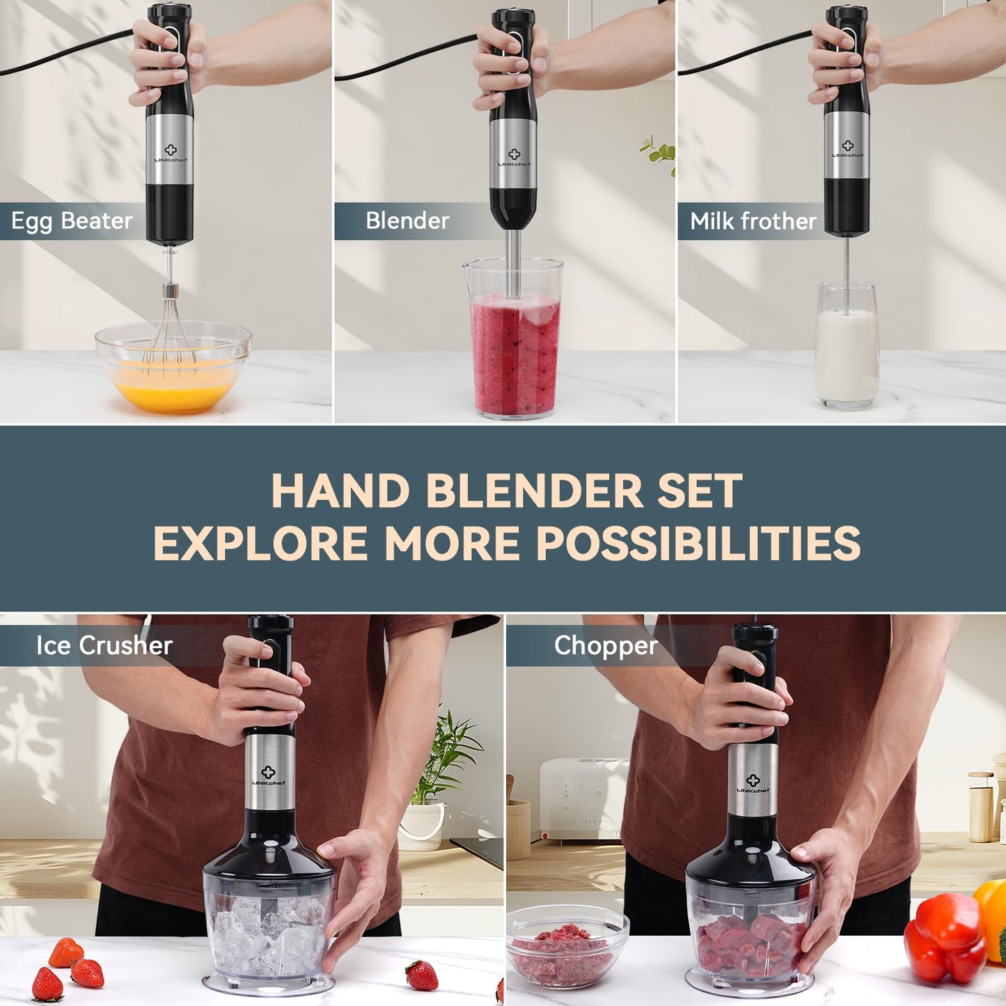 LINKChef 7 in 1 Immersion Blender Handheld, 800W Hand Blender with 2 Titanium Steel Blades, 20 Speed and Turbo Mode, Scratch Resistant Stick Blender with Whisk, Milk Frother, Food Processor, Beaker