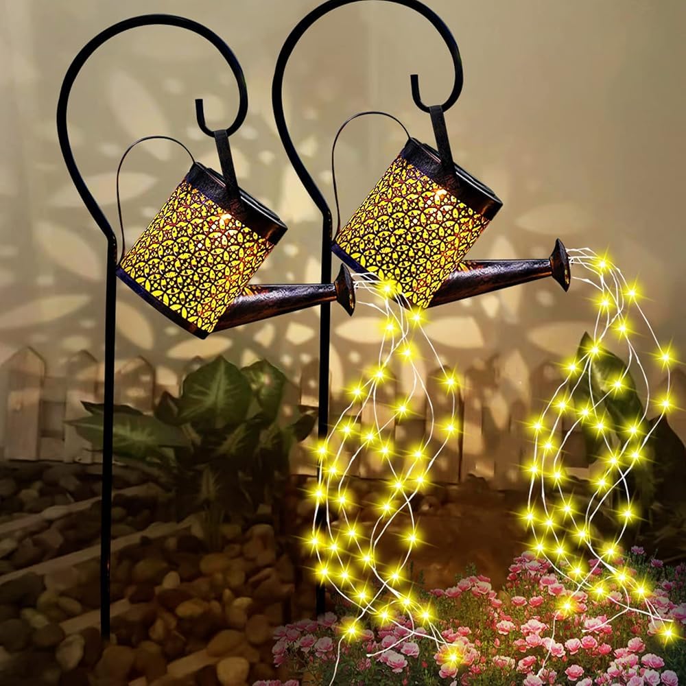 Fohil 2 Pack Solar Garden Lights, Solar Watering Can Lights Garden Decor, Waterproof Retro Metal Hanging Solar Lantern Light for Patio Porch Lawn Yards Backyard Pathway Outdoor Decorations