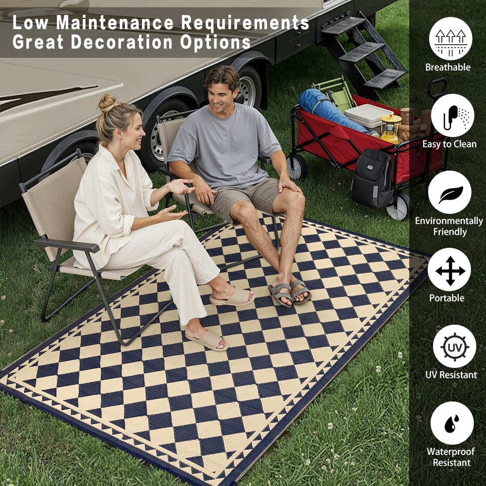 PureCozy Outdoor Carpet 5x8 Patio Waterproof Non Slip Outdoor Rugs Reversible Plastic Straw Portable Boho Checkered Tapis Mat for RV Deck Camping Entryance Porch Picnic Balcony Beach