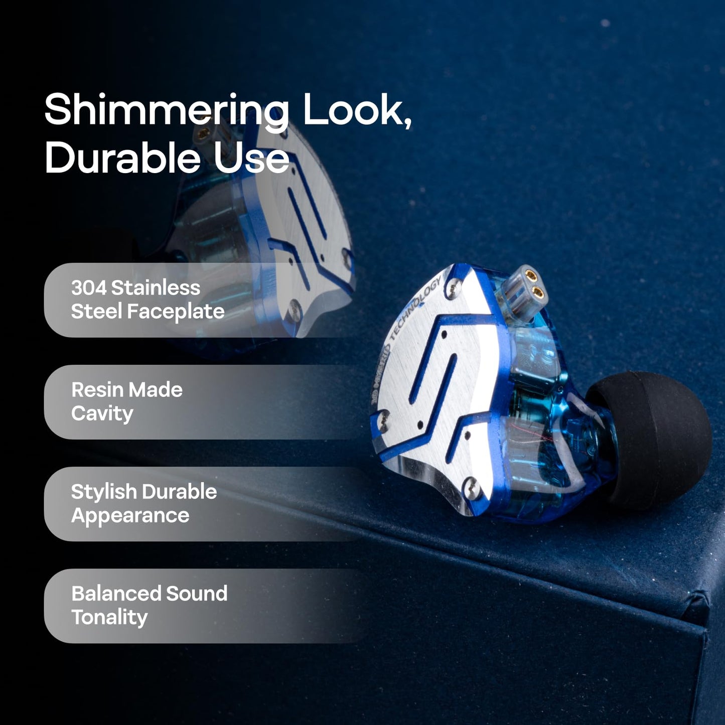 Linsoul KZ ZS10 Pro, 4BA+1DD 5 Driver in Ear Monitor, HiFi Wired Earbuds, Gaming Earbuds, Hybrid IEM Earphones with Stainless Steel Faceplate, Recessed 2 Pin Detachable Cable (Without Mic, Glare Blue)