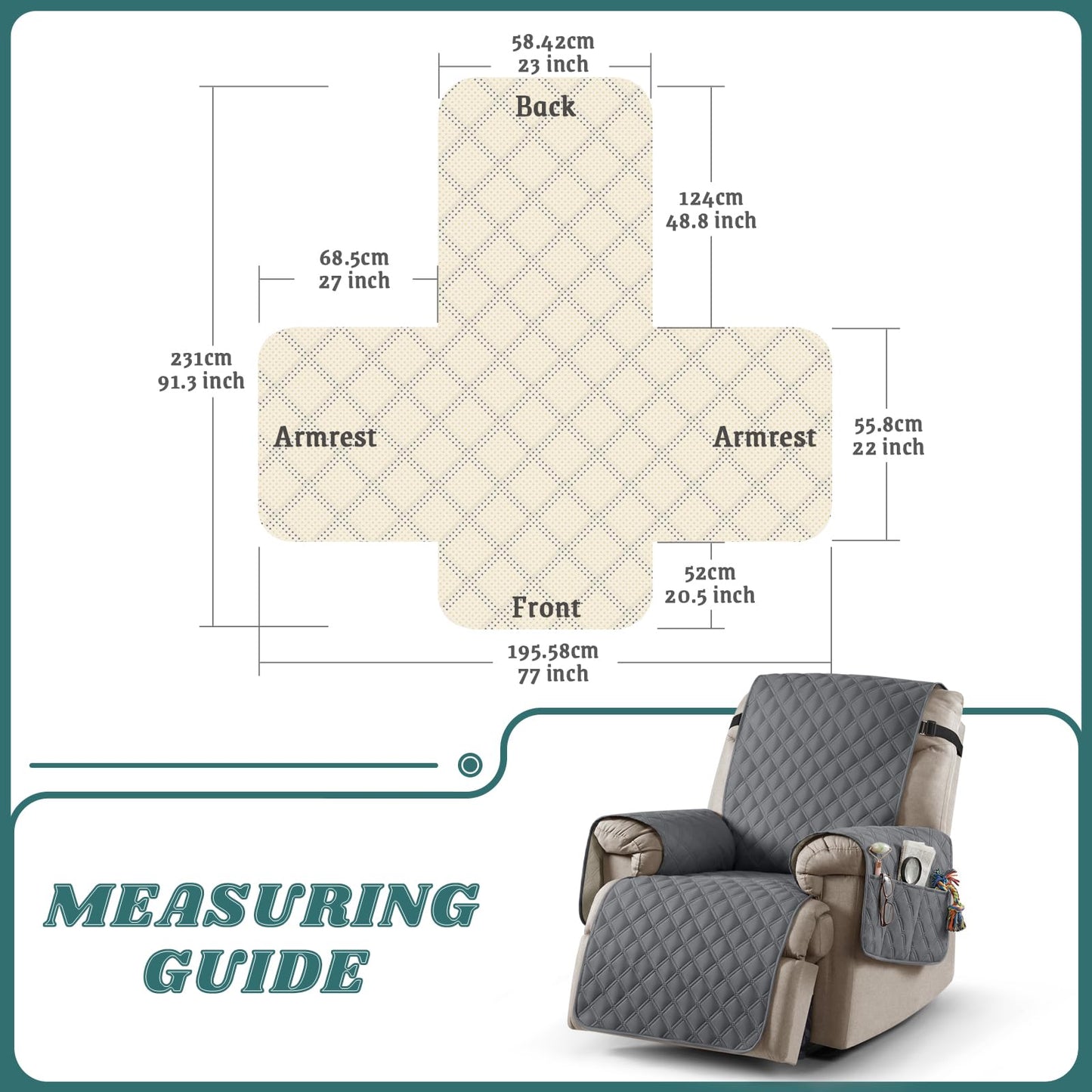 Ruaozz 100% Waterproof Recliner Chair Cover Non-Slip Reclining Cover for Recliner Chair Washable Chair Seat Cover with Elastic Straps for Kids, Dogs, Pets (Dark Grey, 1 Seater 23'')