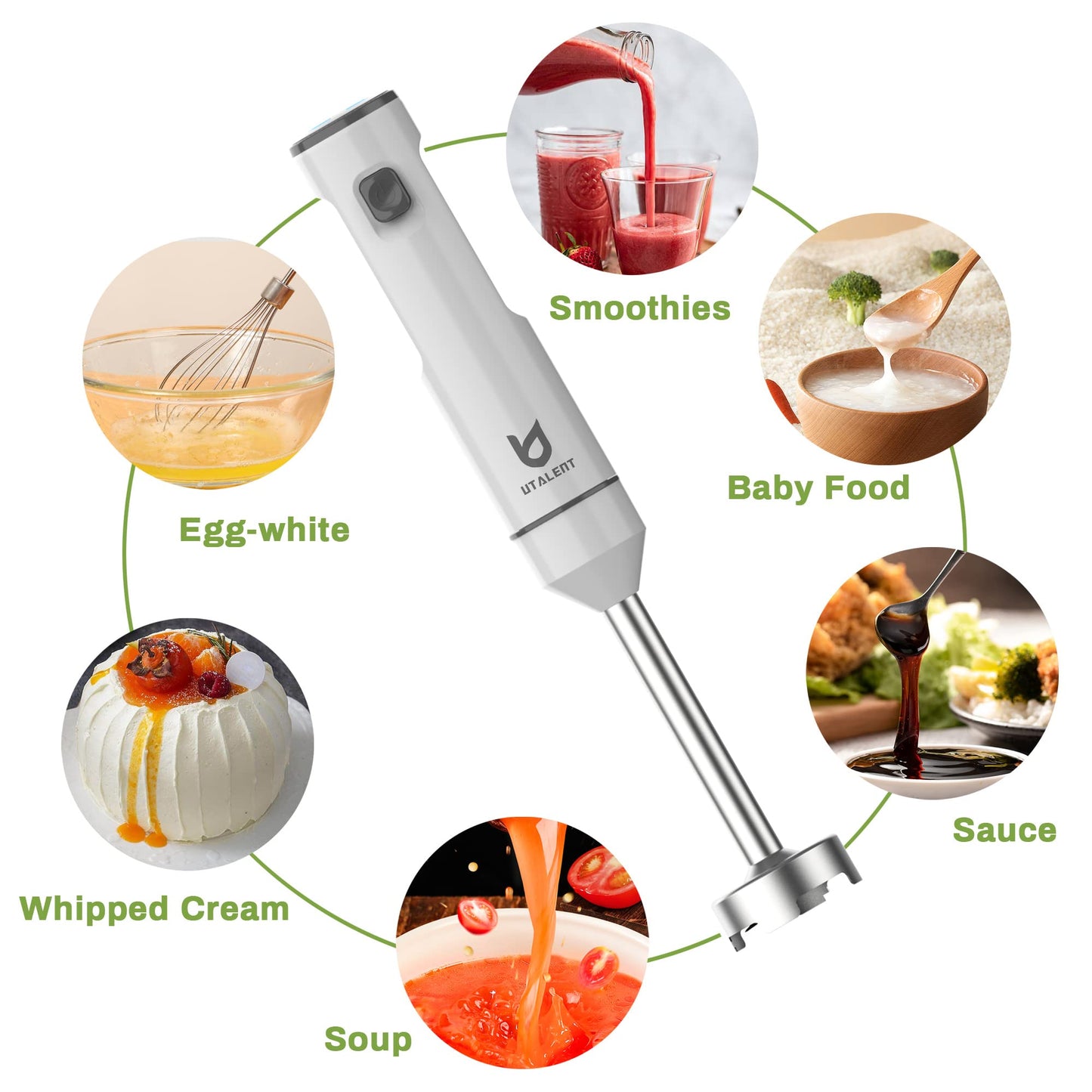 Cordless Hand Blender, UTALENT Variable Speed Immersion Blender handheld Rechargeable, with USB-C Charging Cable, Egg Whisk, for Smoothies, Milkshakes, Hummus and Soups – White