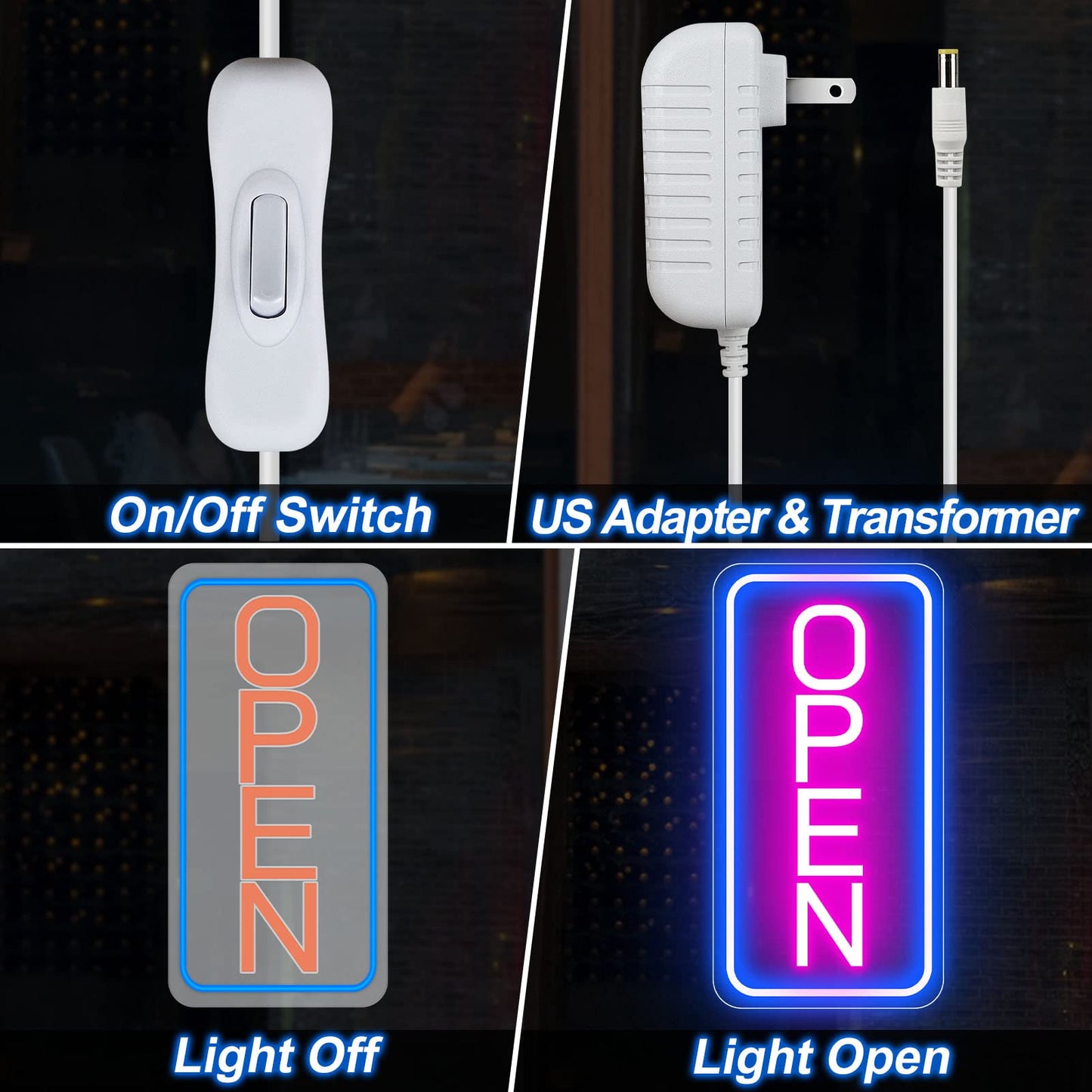 Neon Open Signs for Business, 16''x 9'' LED Open Sign, Super Bright Neon Sign (Blue&Pink), with ON/OFF Switch & Adapter, Neon Light Sign for Window Party Wall Bars Coffee Salon Club Shop, Vertical