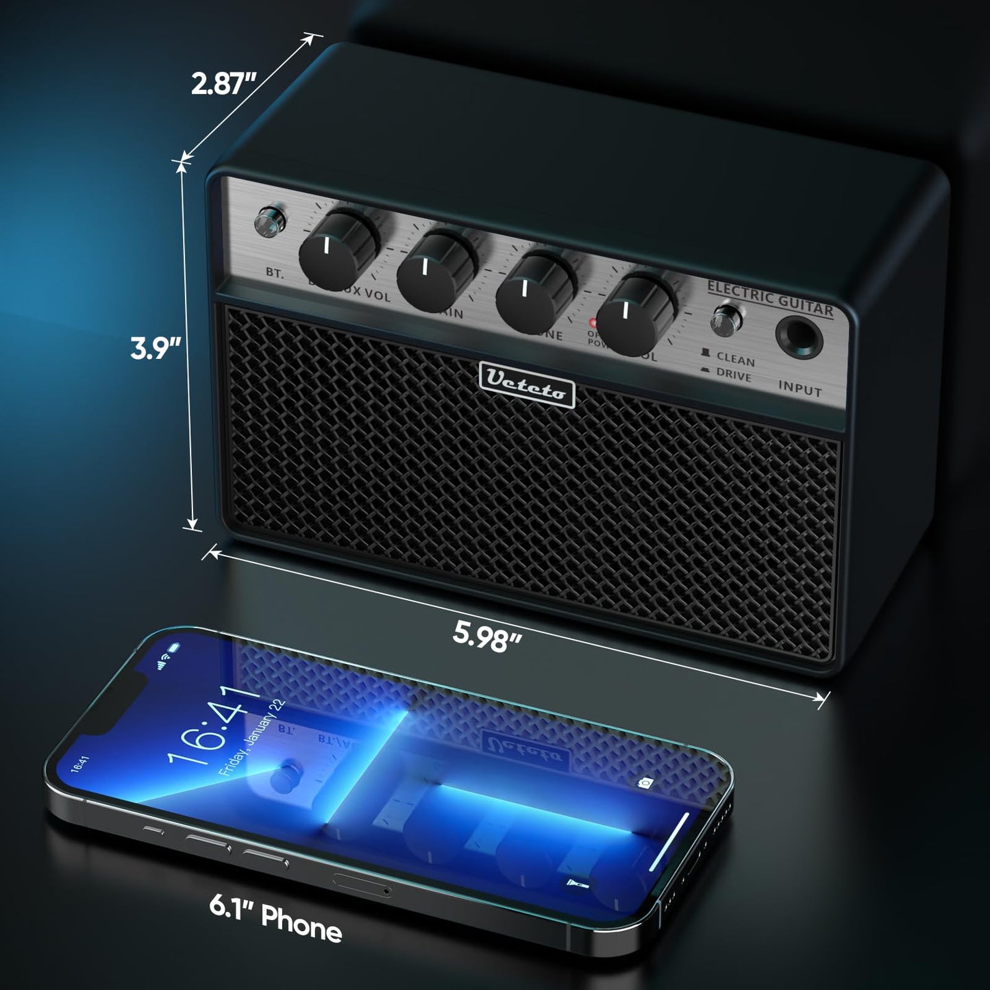 Ueteto 10W Mini Guitar Amp, Portable and Rechargeable Electric Guitar Practice Amplifier with Clean and Drive Channels