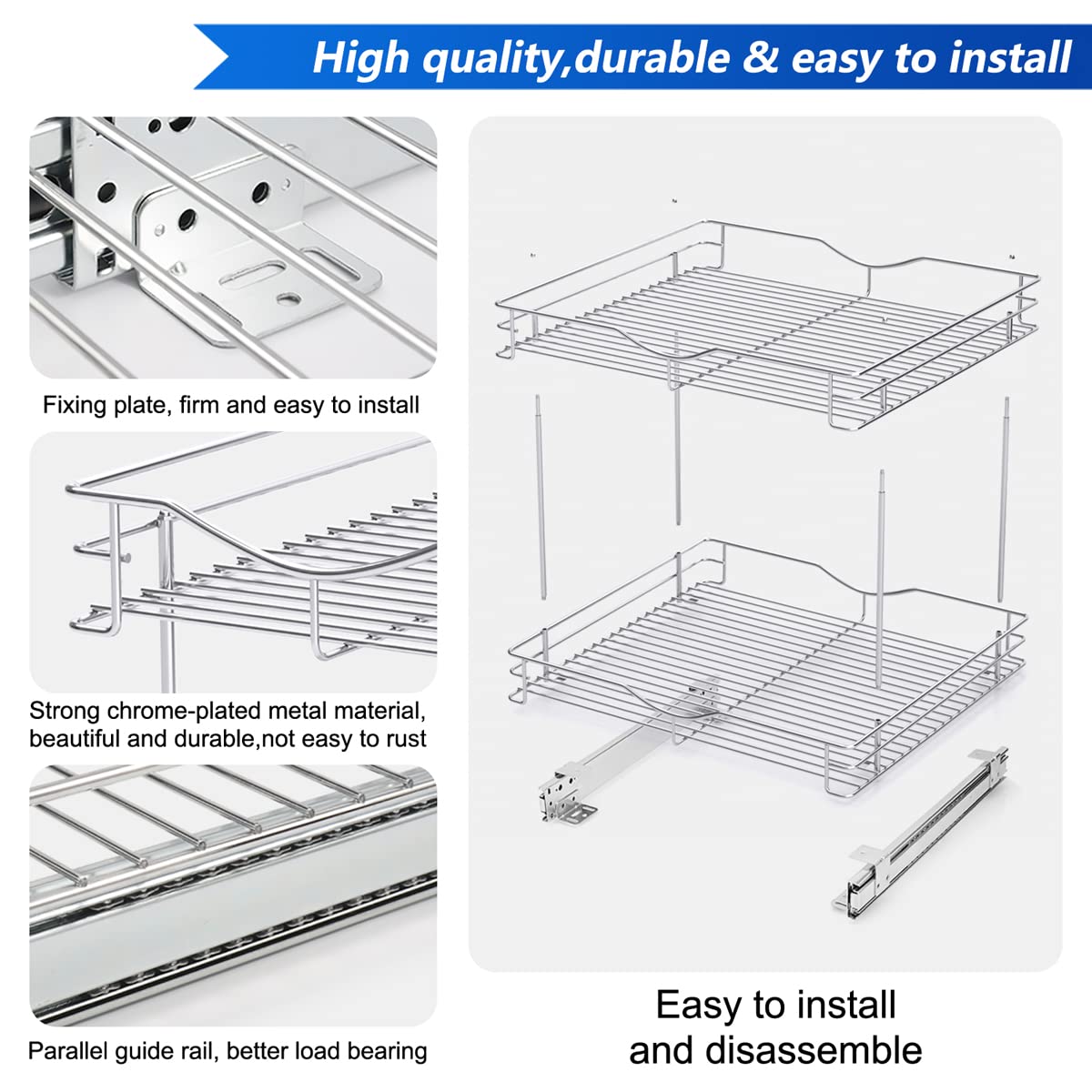 Fulgente 20"*18'' Chrome Finish Pull Out Cabinet Organizer - 2 Tier Heavy Duty Slide Out Kitchen Pantry Shelves, Rustproof Under Sink Storage Drawer for Kitchen & Bathroom