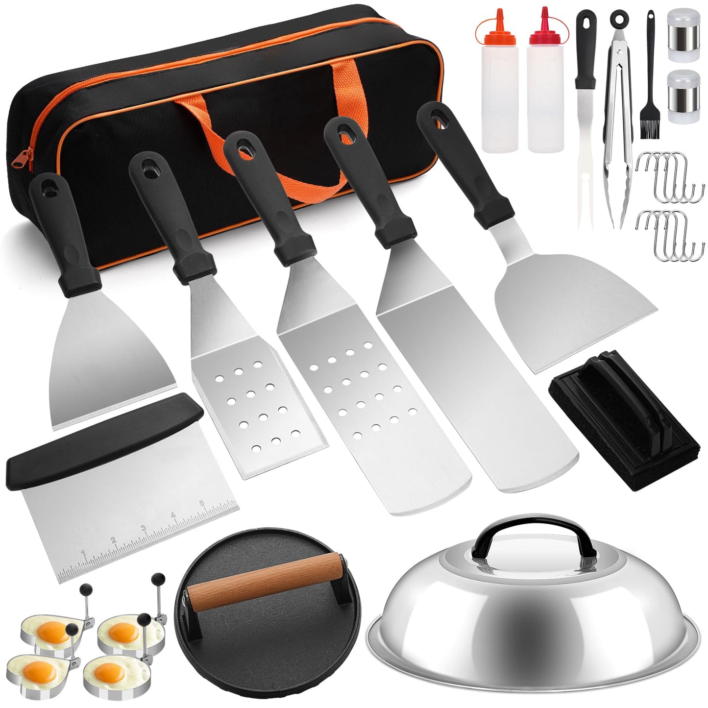 29PCS Griddle Accessories Kit, Flat Top Grill Accessories Set, Flat Top Grill Accessories Tools with Metal Spatula Set, Burger Press, Melting Dome, Scraper, Tongs, Carry Bag for Outdoor BBQ