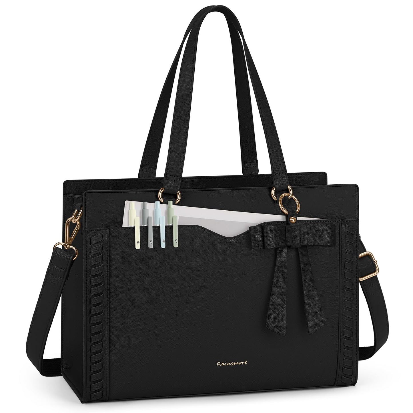 RAINSMORE Laptop Bag for Women 15.6 Inch Work Tote Bag for Women with Detachable Strap & Bow Leather Professional Laptop Tote with Cup Holder, Office Business Briefcase Large Handbag，All Black