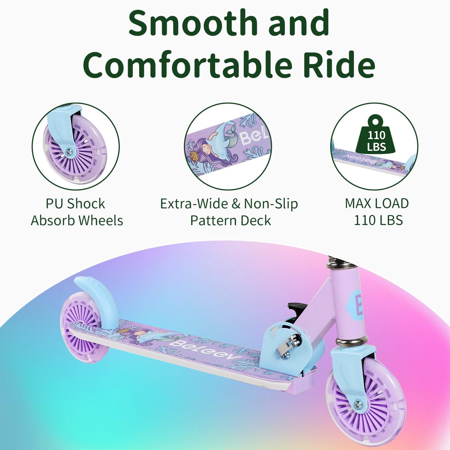 BELEEV V2 Scooters for Kids with Light-Up Wheels & Stem & Deck, 2 Wheel Folding Scooter for Girls Boys, 3 Adjustable Height, Non-Slip Deck, Lightweight Kick Scooter for Children Ages 3-12 (Purple)