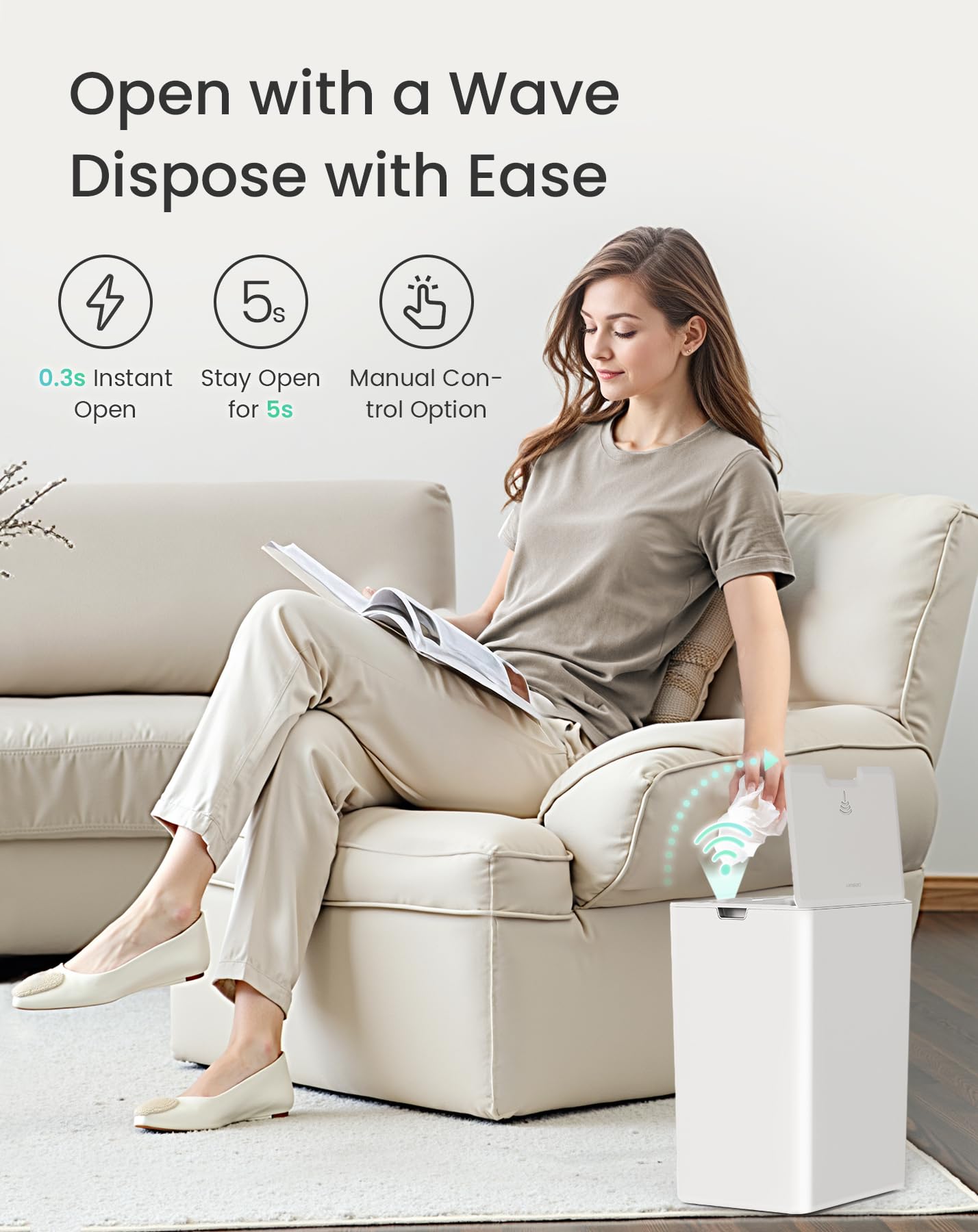 Cesun Automatic Bathroom Trash Can with Lid, 4 Gallon Touchless Motion Sensor Trash Can, Plastic Small Garbage Can, Smart White Waste Basket for Bathroom, Bedroom, Toilet, Office