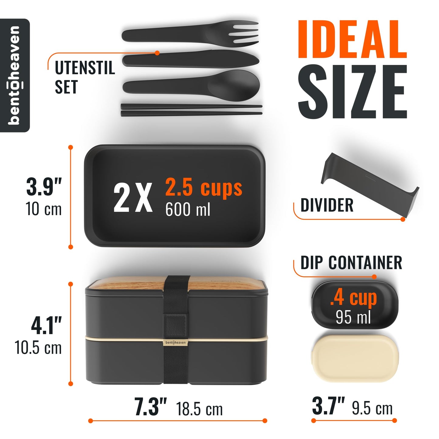 Bentoheaven Premium Bento Box Adult Lunch Box with 2 Compartments (40oz), Cutlery & Set of Chopsticks, Large Dip Container, Cute Black Japanese Bento Box, Rectangle, Microwavable (Symph-Onyx)