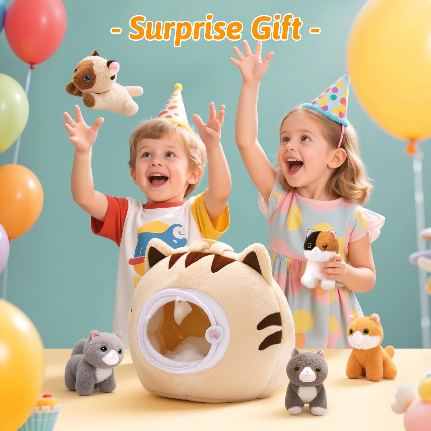 OUOZZZ Cat Stuffed Animal House – Plush Kitten Toy Set with 4 Soft Cats – Interactive & Travel-Friendly Playset for Toddlers & Kids – Huggable, Portable Birthday for Baby