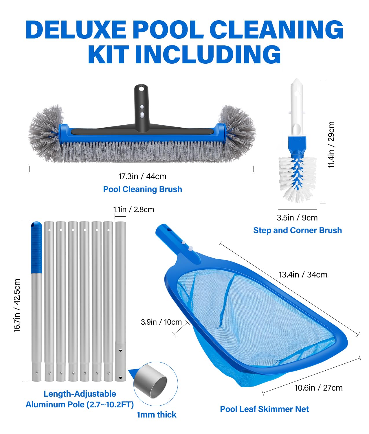 4-in-1 Deluxe Pool Cleaning kit, Pool Cleaning Tools -13.4'' Fine Mesh Skimmer Net with 10Ft Adjustable Pole, 17.3'' Swimming Pool Brush & Extra Brush Head for Cleaning Inground & Above Ground Pools