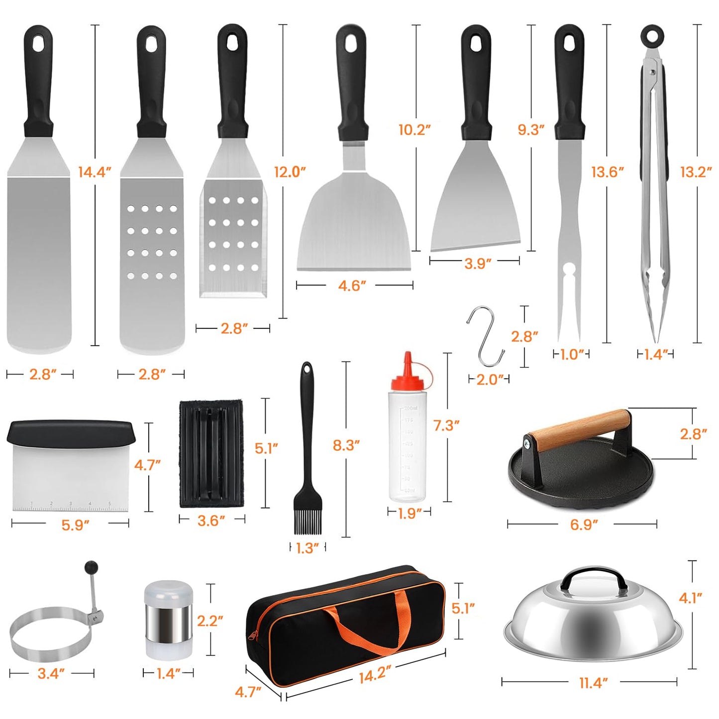 29PCS Griddle Accessories Kit, Flat Top Grill Accessories Set, Flat Top Grill Accessories Tools with Metal Spatula Set, Burger Press, Melting Dome, Scraper, Tongs, Carry Bag for Outdoor BBQ