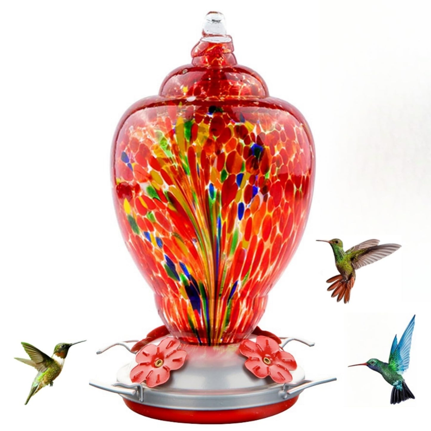 REZIPO Hummingbird Feeder Hand Blown Glass Bird Feeder for Outdoors Patio Large 32 Ounces Hummingbird Nectar Capacity with Hanging Hooks, Rope, Brush and Service Card