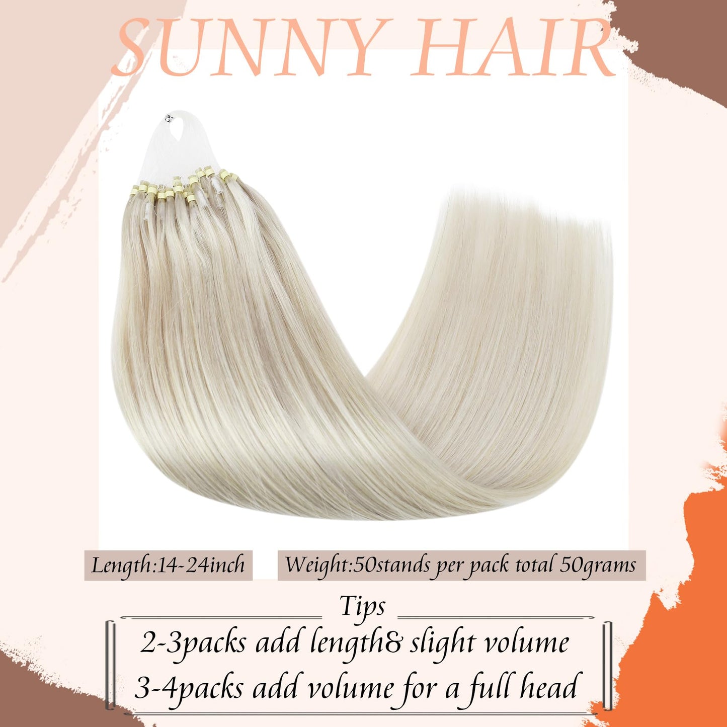 Sunny Hair Micro Beads Hair Extensions Real Human Hair 1g/s 50g Micro Loop Ring Remy Hair Extensions for Women Straight Micro Link Extensions Human Hair White Platinum Blonde 24inch