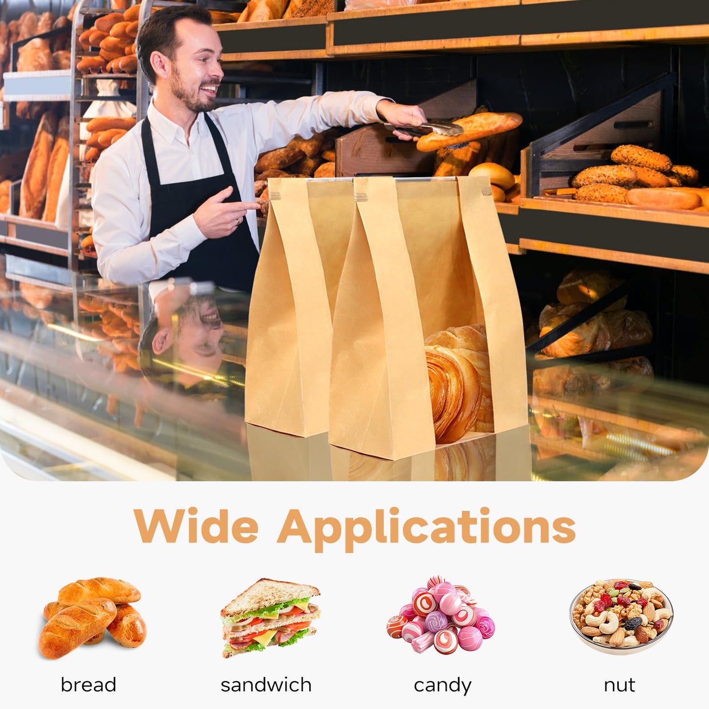 Qeedee 100 Pcs Paper Bread Bags for Homemade Bread Gift Giving, Sourdough Bread Bags with Tin Tie Tab, Kraft Toast Bags with Clear Window and Seal Stickers for Bakery, Treat Packaging, Home Kitchen