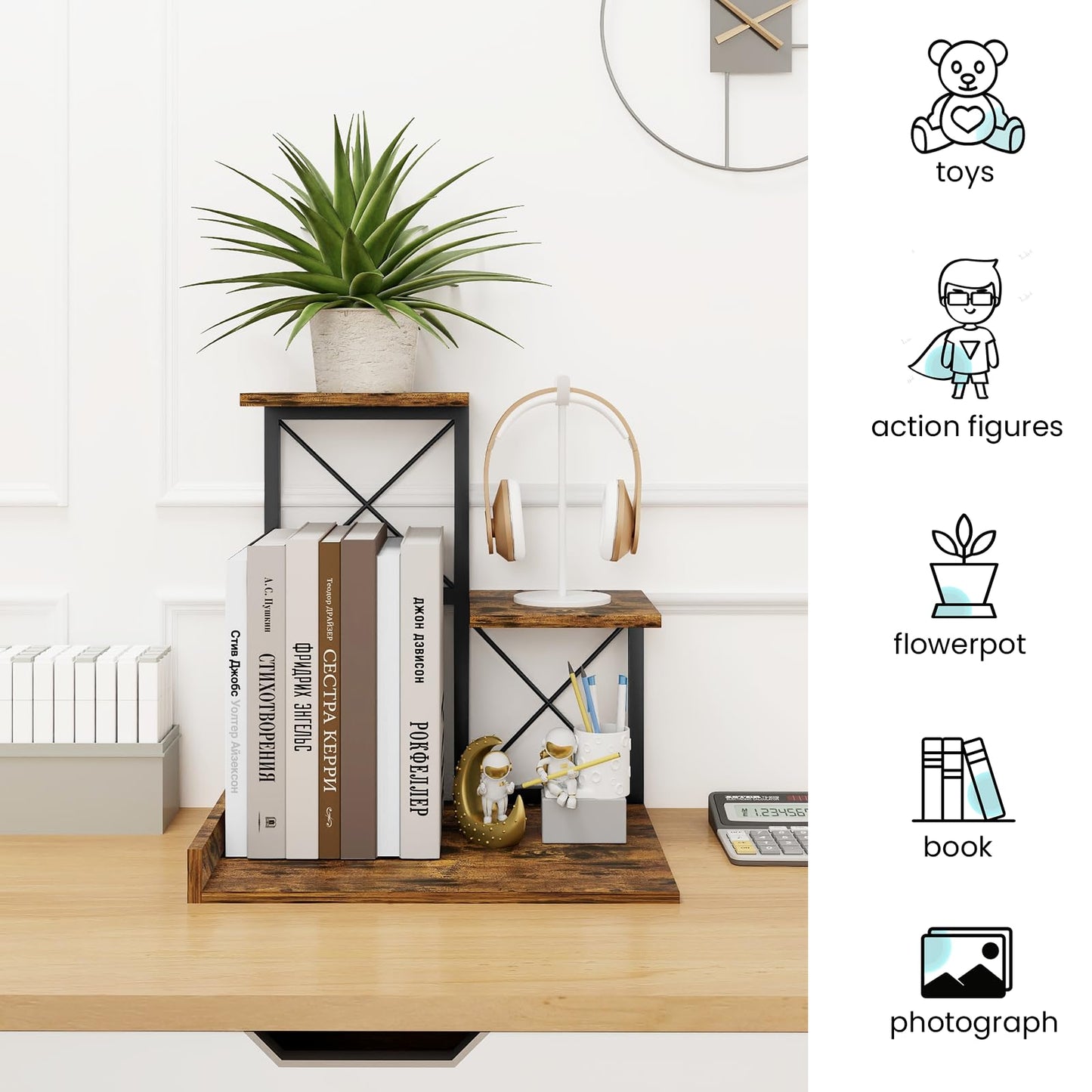ELITEROO Desk Shelf Organizer, Wood Desktop Organizer Small Bookshelf, 3 Tier Storage Shelf Riser Display Stand for Office Decor and Desk Accessories (Rustic Brown)