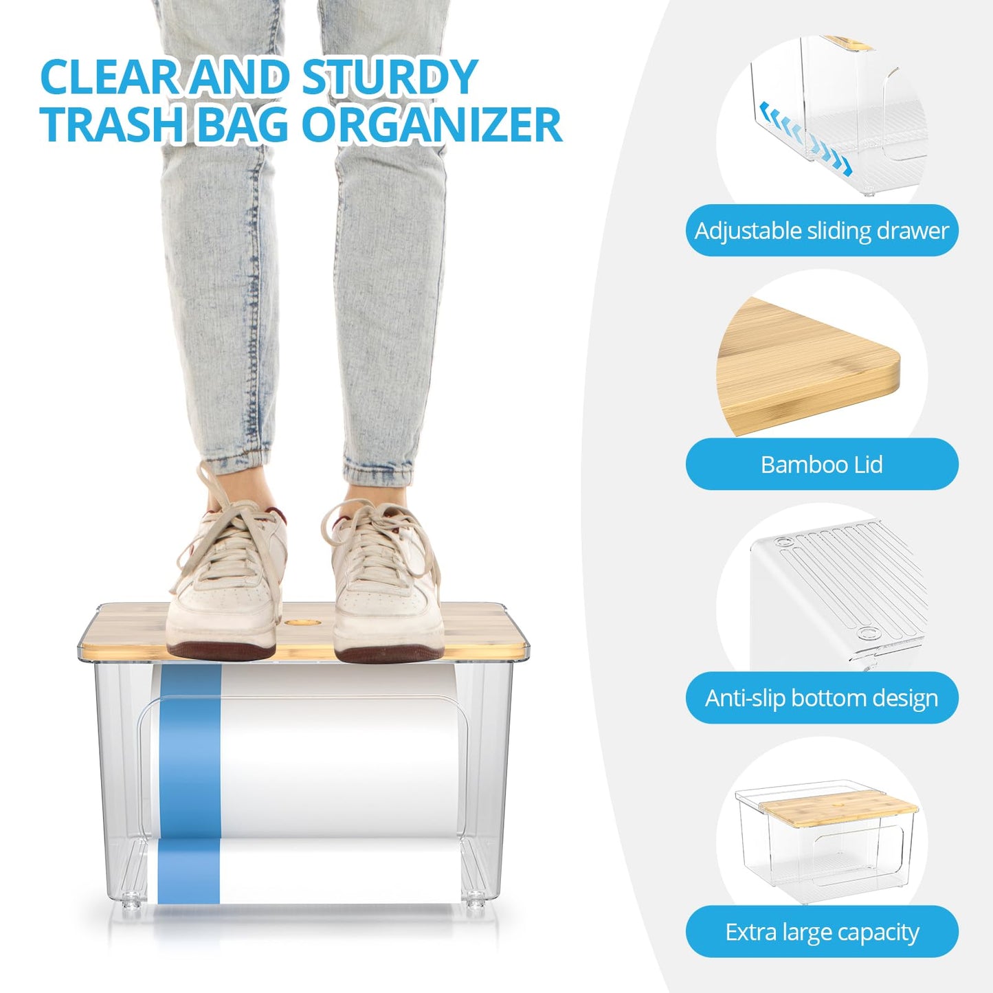 Tangyinus Trash Bag Dispenser Roll Holder - Clear Garbage Bag Holder with Bamboo Lid and Sliding Drawer Box, Kitchen, Under Sink, Laundry Room Organization and Storage