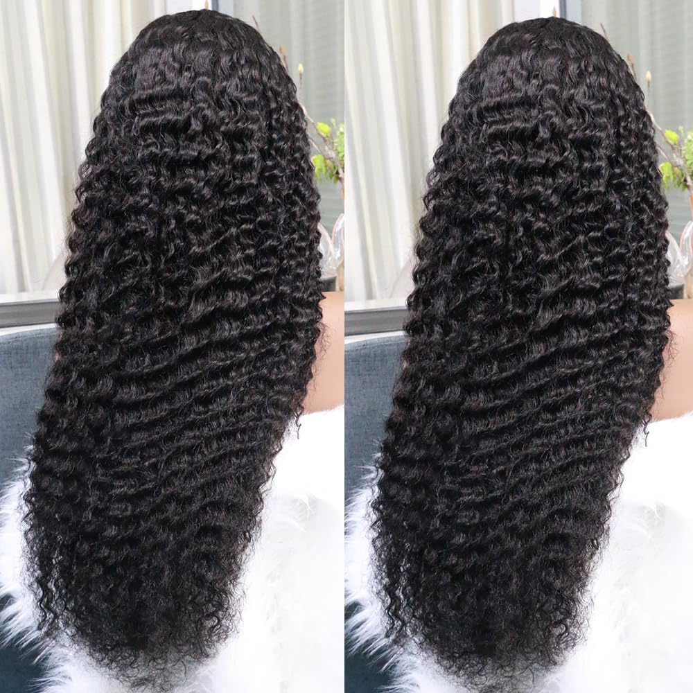 Brazilian Virgin Deep Wave Human Hair 13x6 HD Lace Frontal Wig 24Inch 200 Density Deep Curly Human Hair Lace Frontal Wigs Pre Plucked with Baby Hair 12A 100% Virgin Human Hair Wigs Full and Thick
