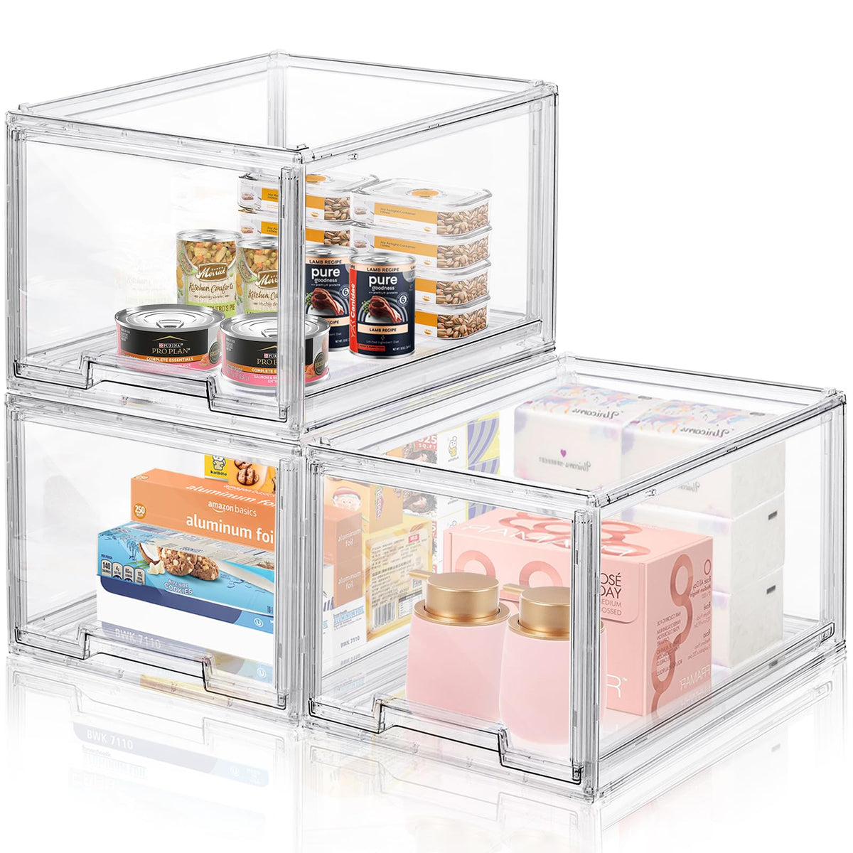 3 Packs Large Plastic Stackable Storage Drawers, DILIBRA Clear Storage Bins Organizer with Pull Out Drawer for Kitchen Cabinet Pantry Fridge Freezer Shelf Refrigerator Organization and Storage