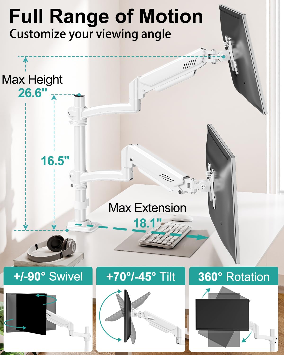 Dual Monitor Stand for Desk, Taller Monitor Arms for 2 Screens up to 32 inch, Ergonomic Adjustable Spring Double Computer Monitor Mount, Holds 4.4-22lbs, VESA 75/100mm, White, Freelift