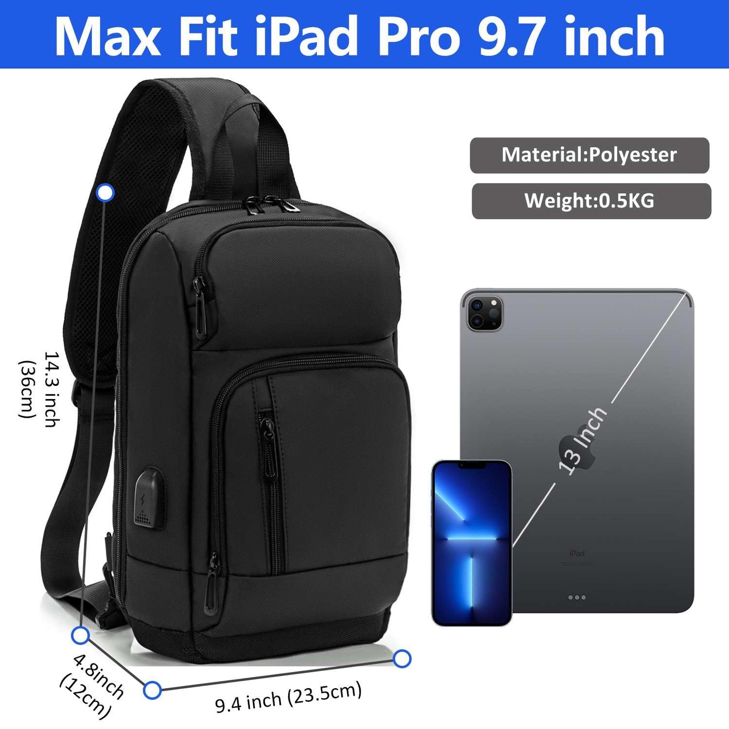 Sling Bag for Men Women, 900D Waterproof Fabric, USB Charging Port, Smart Strap with Card Pocket, Breathable Back Design for Daily Commute Travel Weekend Dates