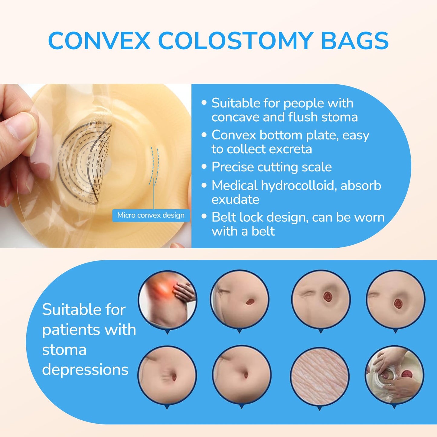 30 PCS Ostomy Supplies – 20 PCS Two-Piece Colostomy Bags + 10 PCS Cut-to-Fit Convex Skin Barriers (45 mm Max), for Ileostomy, Urostomy, Colostomy Stoma Care, Secure Fit, Leak-Proof