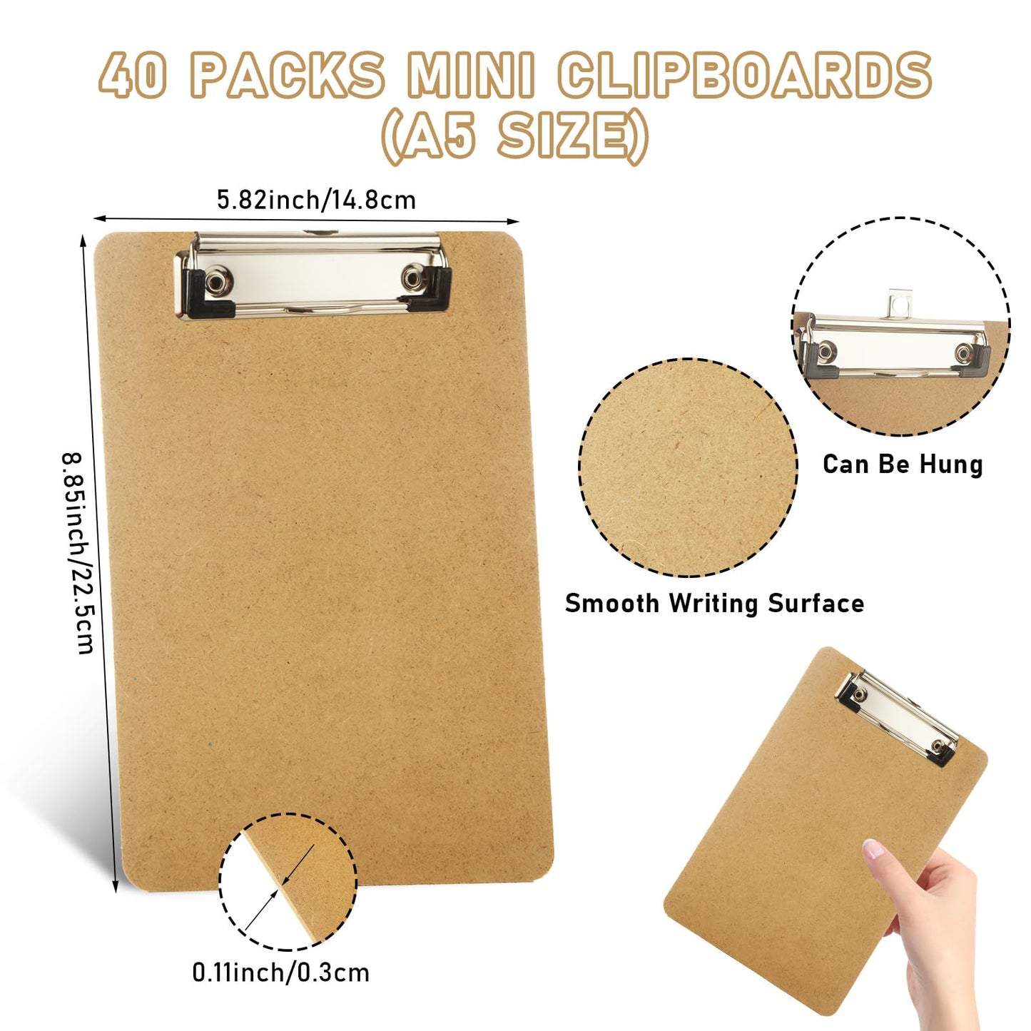 WOPPLXY 40 Pcs Mini Clipboards, 6" x 9" Small Clipboards Bulk, Wood Hardboard with Low Profile Clip, A5 Memo Size Clip Boards, Mini Wooden Clipboard for Home, Office, School Classroom Supplies, Brown