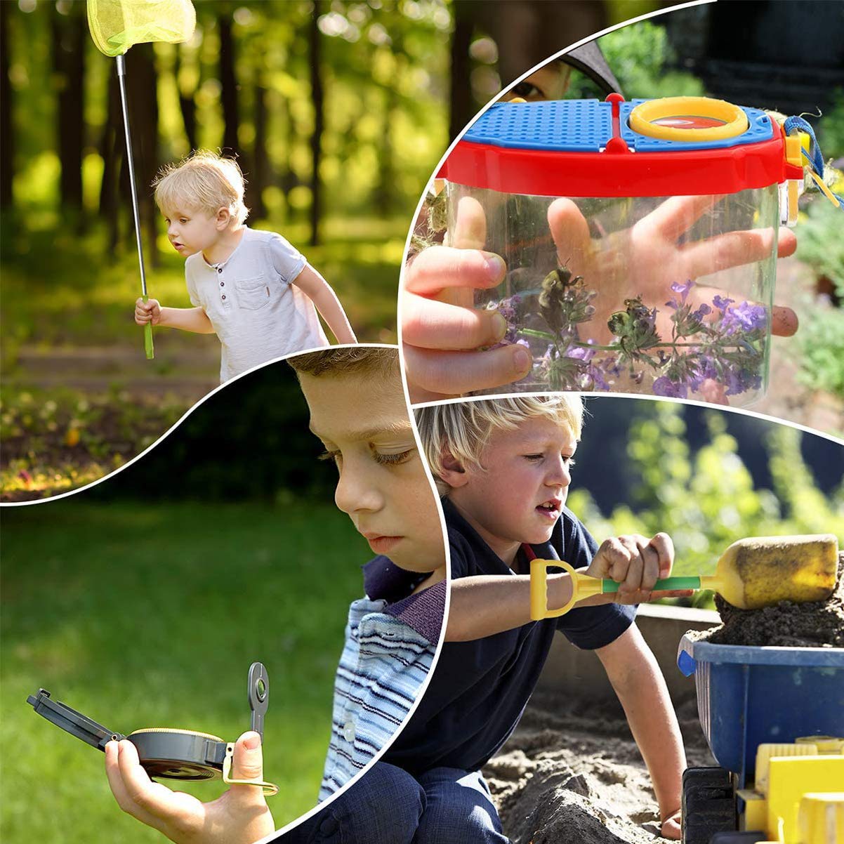 Outdoor Adventure Kit for Kids -16 Pcs Binoculars,Compass,Flashlight,Magnifying Glass Kids,Butterfly Kit,Handheld Microscope,Good Birthday for Kids Ages 4-12