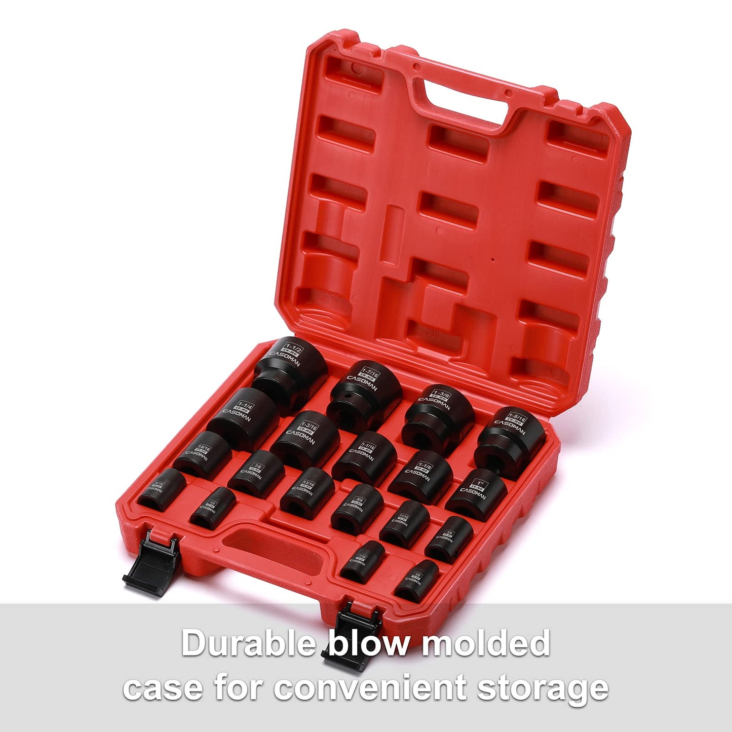 CASOMAN 19 Piece 1/2-Inch Drive Standard Impact Socket Set, SAE, Shallow, 3/8" to 1-1/2", Cr-Mo Alloy Steel, Radius Corner Design, Impact Grade