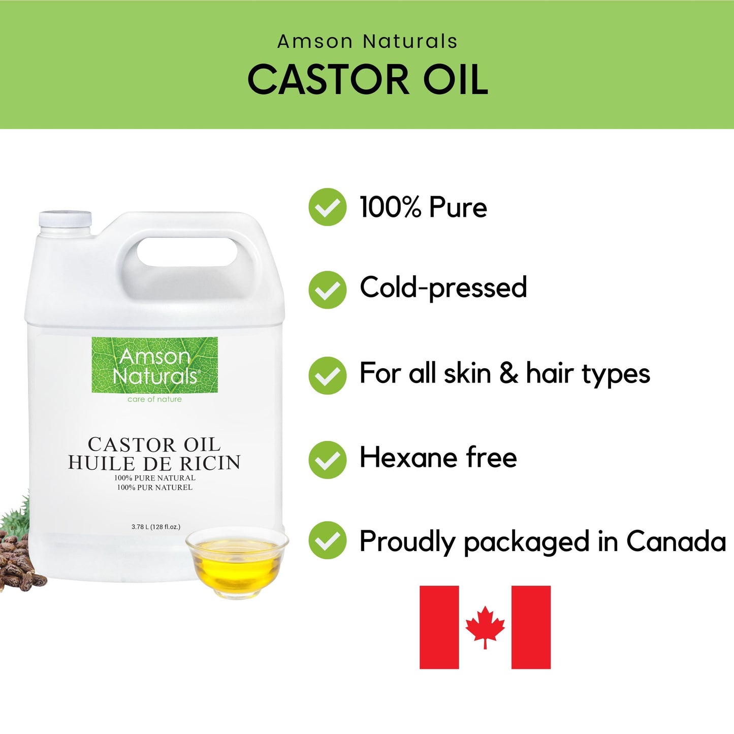 Castor Oil 3.78 Litres / 1 Gallon / 128 oz -100% Pure & Natural Castor oil for Eyelashes, Eyebrows, Lash, Beard, Hair, Nails, Skin, Cold Pressed DIY multipurpose carrier oil. Huile de ricin pour cheveux Amson Naturals