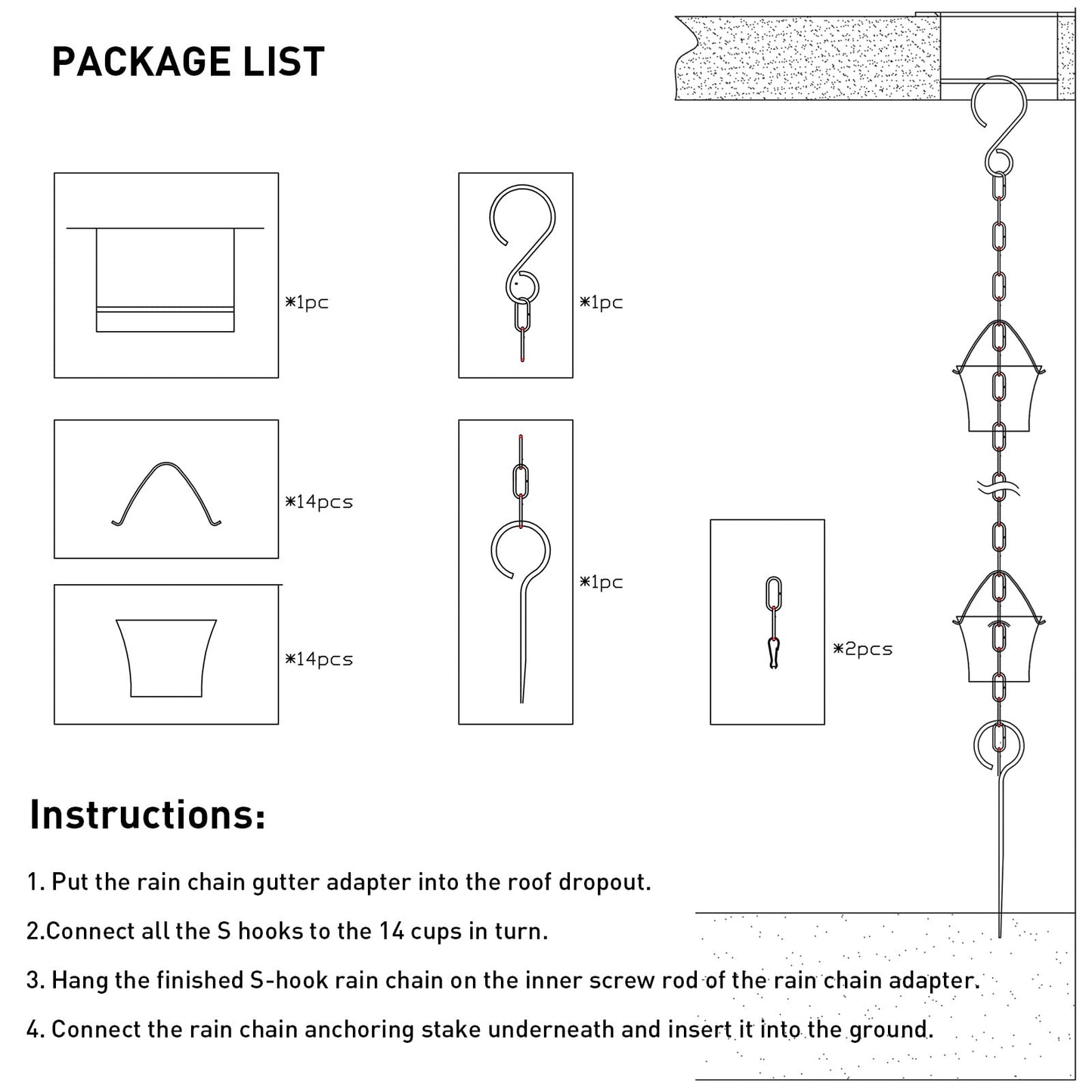 Rain Chain Set 8.5 Ft,Not Rust Wrought Iron Rain Chains for Gutters with Adapter Gotta Drain and Rain Chain Anchoring Stake, 14 Cups, 1 Hook, Adjustable Length for Garden Decorative (Coffee)