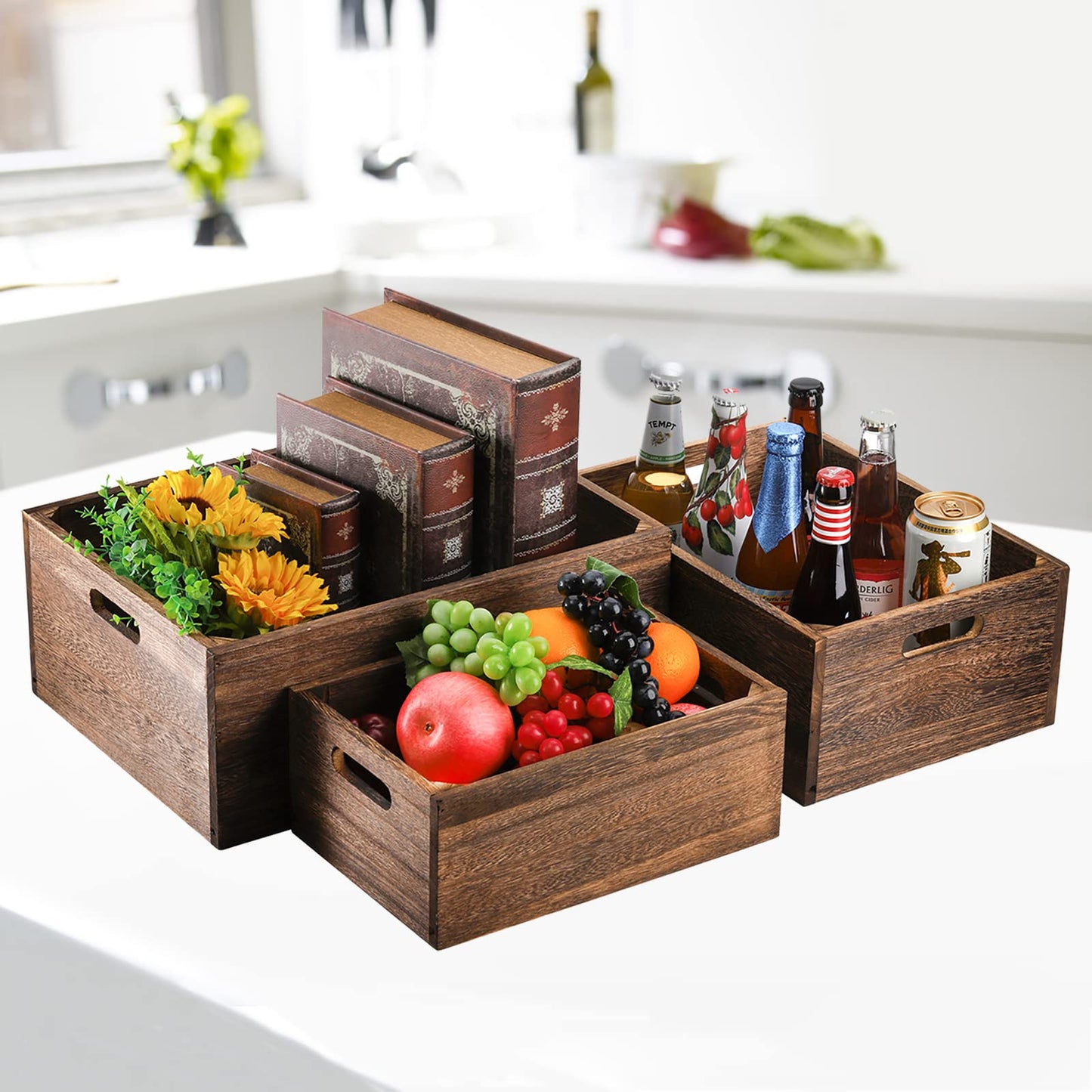 Frcctre Set of 3 Wooden Storage Boxes with Handles, Farmhouse Wood Decorative Boxes, Rustic Handmade Storage Containers, Natural Solid Wood Basket