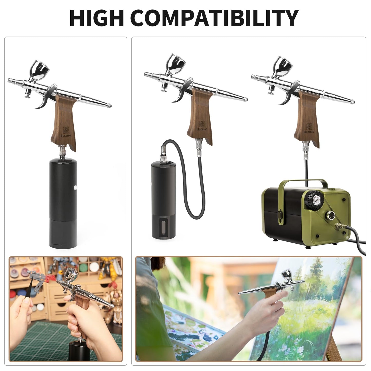 Bucasso Airbrush Kit, Air Brush Spray Gun with 0.3mm/0.5mm/0.8mm Needles/Nozzle Sets, 3cc/7cc/11cc Replaceable Fluid Cup for Painting Model Nails Cake Tattoo Makeup