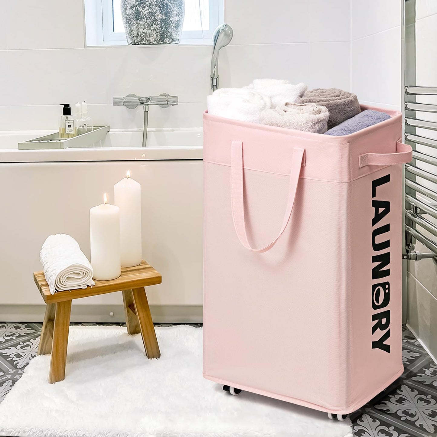 Goodpick Laundry Hamper with Wheels, 75L Collapsible Laundry Basket Organizer, Rolling Laundry Hamper with Removable Wash Bag for Living Room, Laundry Basket with Handle for College Dorm, Pink