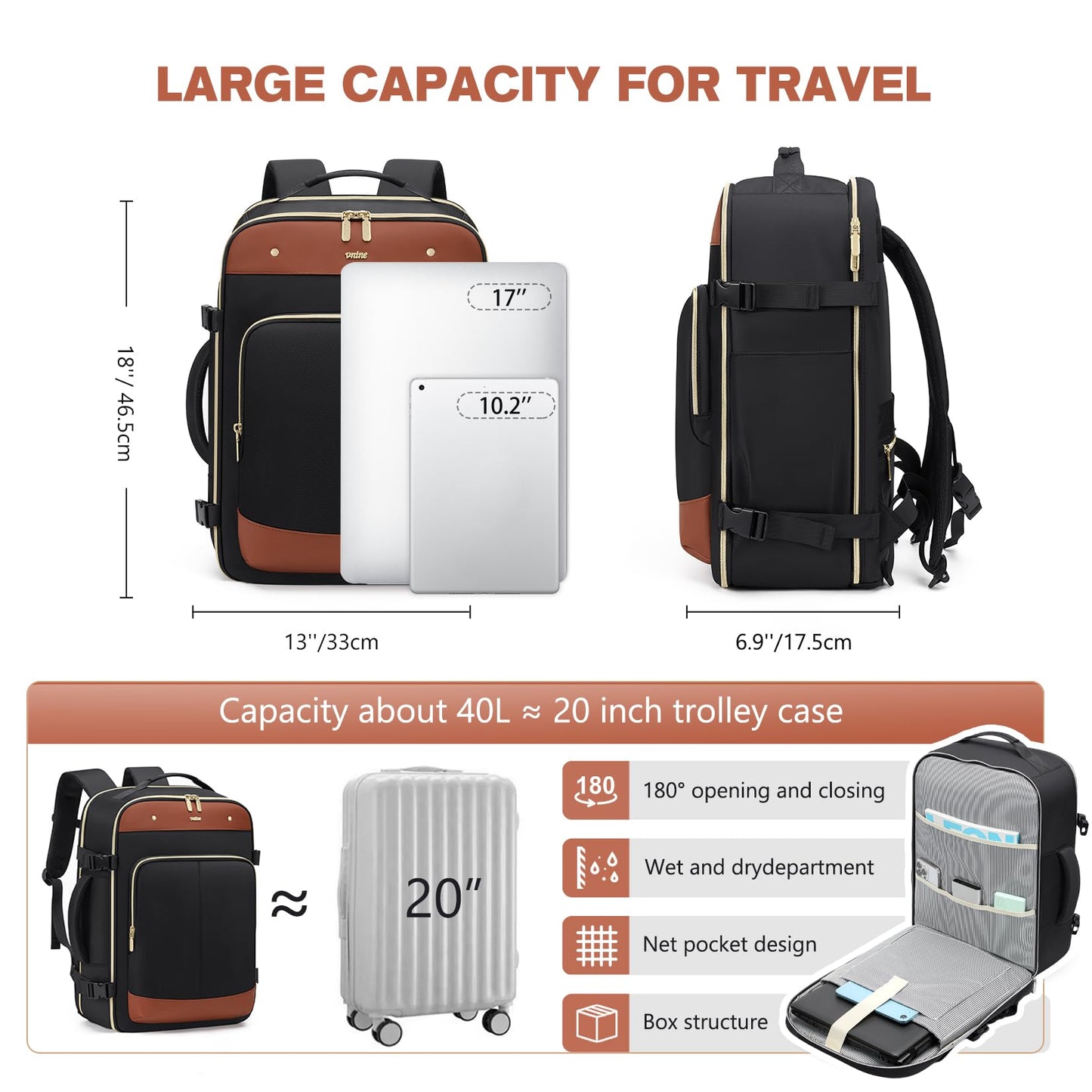 VNINE Travel Backpack for Women Men Carry on Backpack 17 Inch Laptop Backpack 40L Bags Flight Approved Business Bag Water Resistant Luggage Daily Weekender Bag