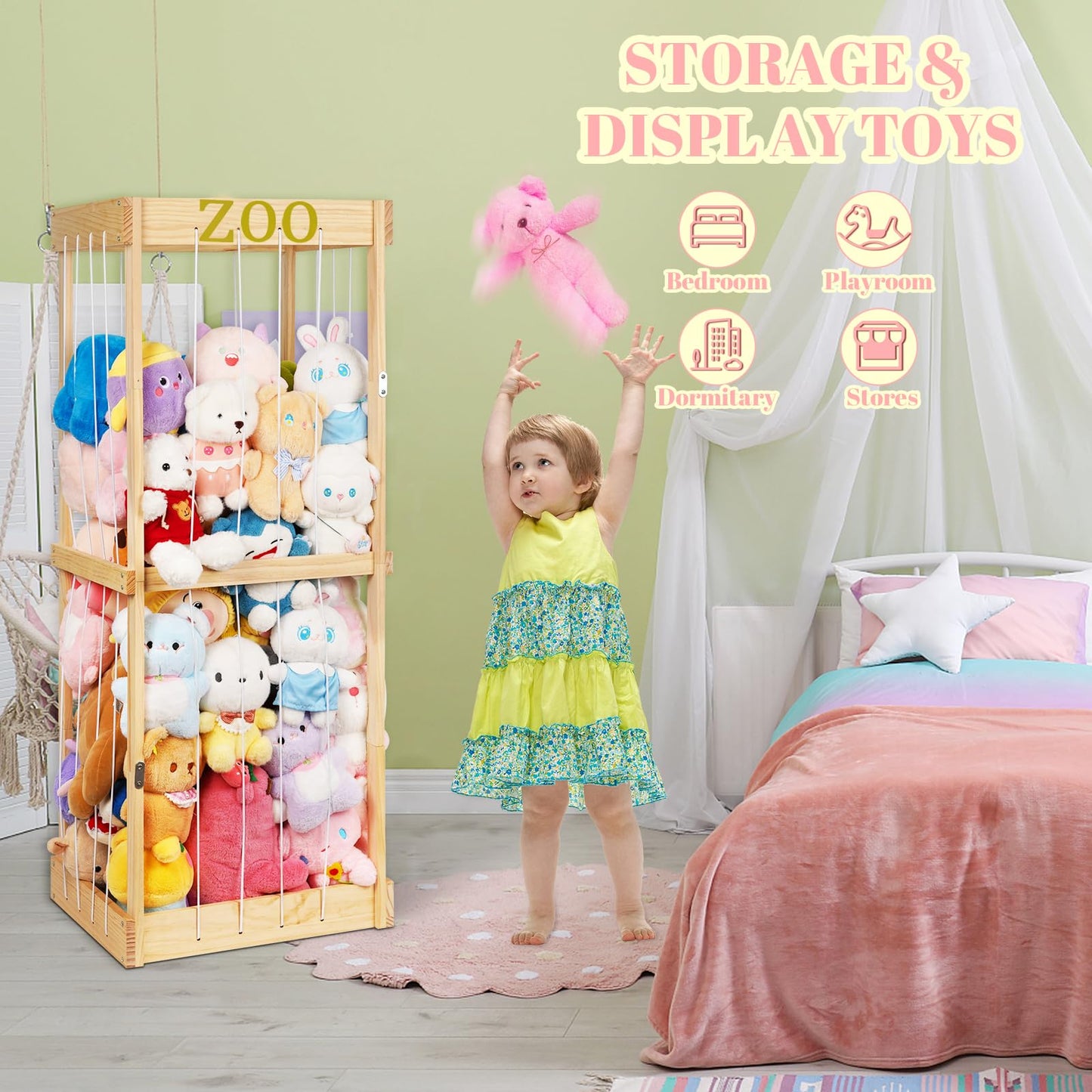 Trycooling Stuffed Animal Zoo Wood Stuffed Animals Storage Cage with Zoo Pattern Elastic Band for Nursery Play Room Bedroom (Wood)