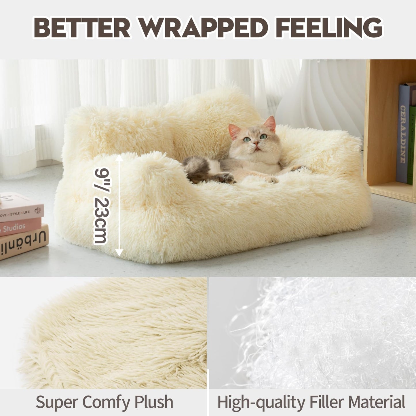 Pet Bed for Medium Small Cats and Dogs, Washable Puppy Sleeping Bed Cat Couch Pet Sofa Bed, Soft Calming Cat Sofa Beds for Indoor Cats Anti-Slip Bottom (Beige)