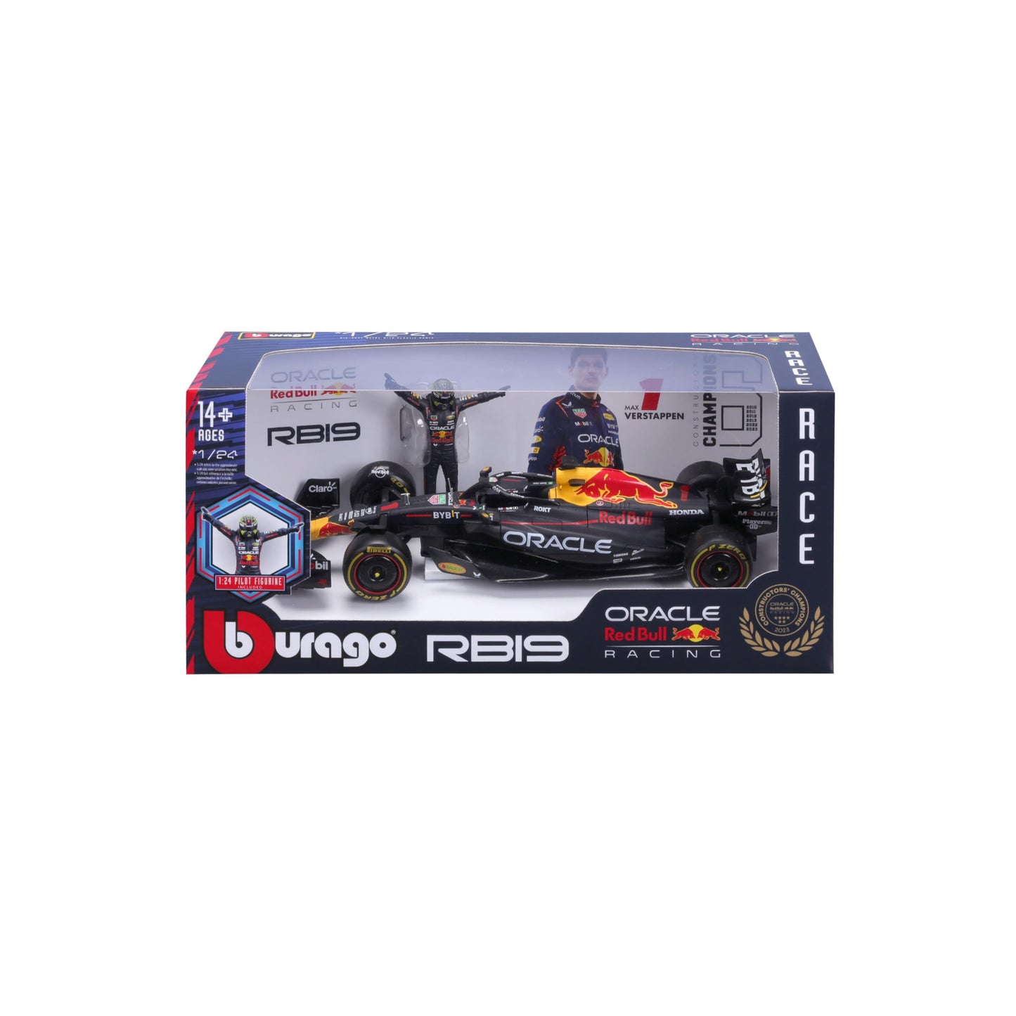 Bburago - Red Bull Racing RB19 Max Verstappen #1 2023 - Realistic 1:24 Scale Model Car and Figure of Max Verstappen Official Red Bull Licence, Recommended Age 14+ Years