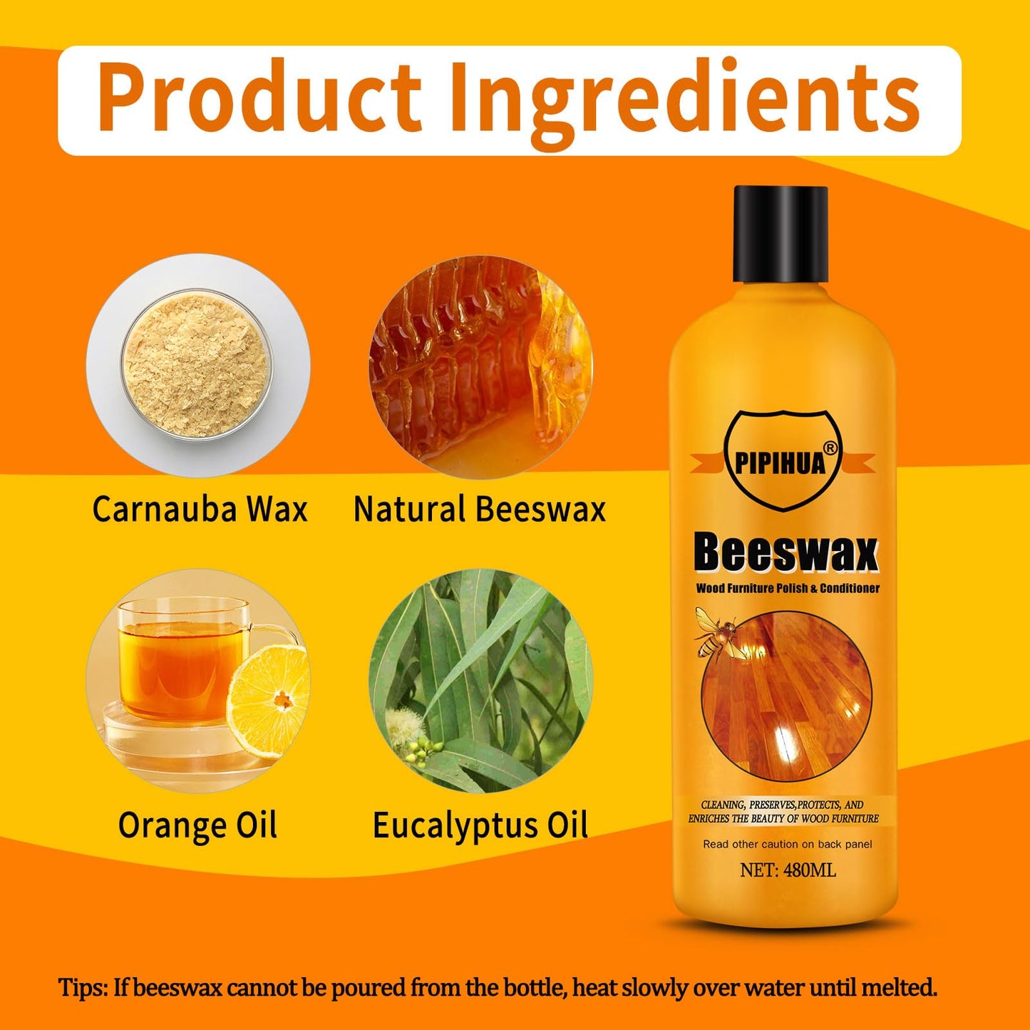 PIPIHUA Beeswax Furniture Polish Wood, Natural Wood Oil Colourless for Furniture Care & Protection for Interior and Exterior 480ml, 2Pack