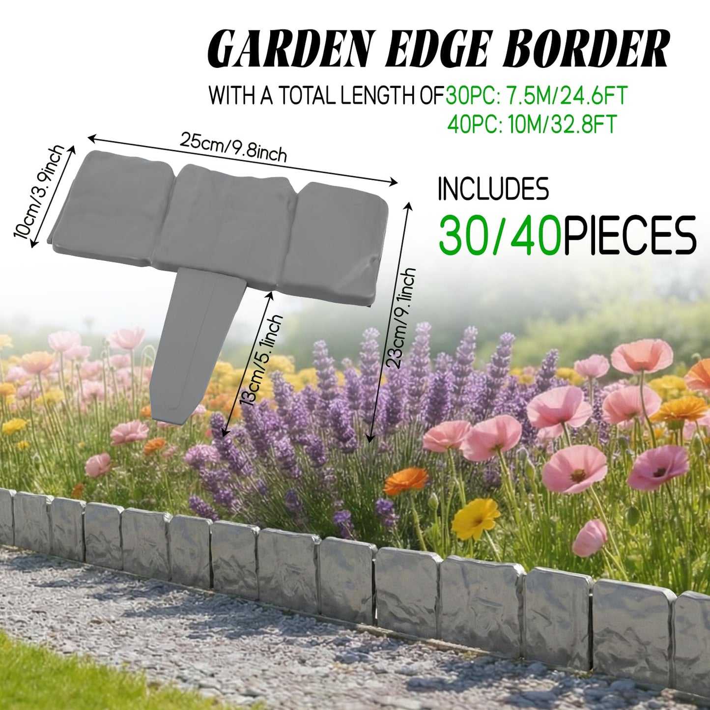 30/40 Pcs Garden Edging Border, Plastic Stone Effect 24/32ft Landscape/Lawn Edging Garden Decor Fence for Garden Lawn Landscape Flower Bed Patios DIY Yard No Dig (40, Gray)