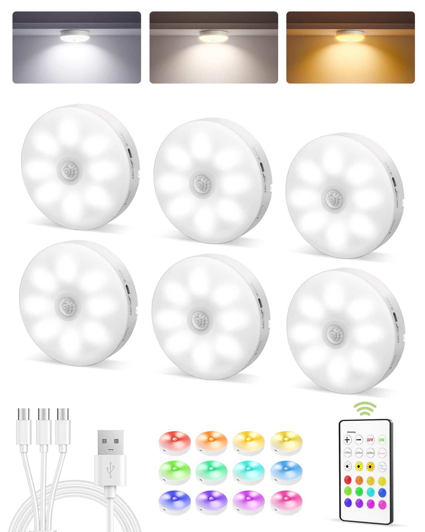 EZVALO 6-Pack Rechargeable Motion Sensor Light Indoor, 15 RGB Color Temps Under Cabinet Lighting, Wireless LED Puck Lights with Remote, Under Counter Lights for Kitchen, Shelves, Stairs, Lockers