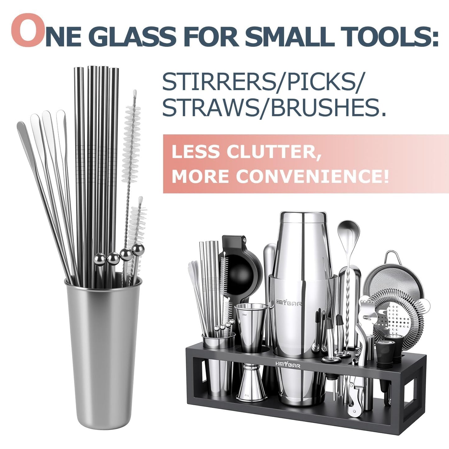 HMYBAR® Mixology Bartender kit | Cocktail Shaker Set | Boston Shaker Set, 20/28 OZ | Martini Making Set for Home Bar. Total 31 pcs incl 39-Recipe Cocktail Cards. Silver Tools. Bamb Stand Black Color