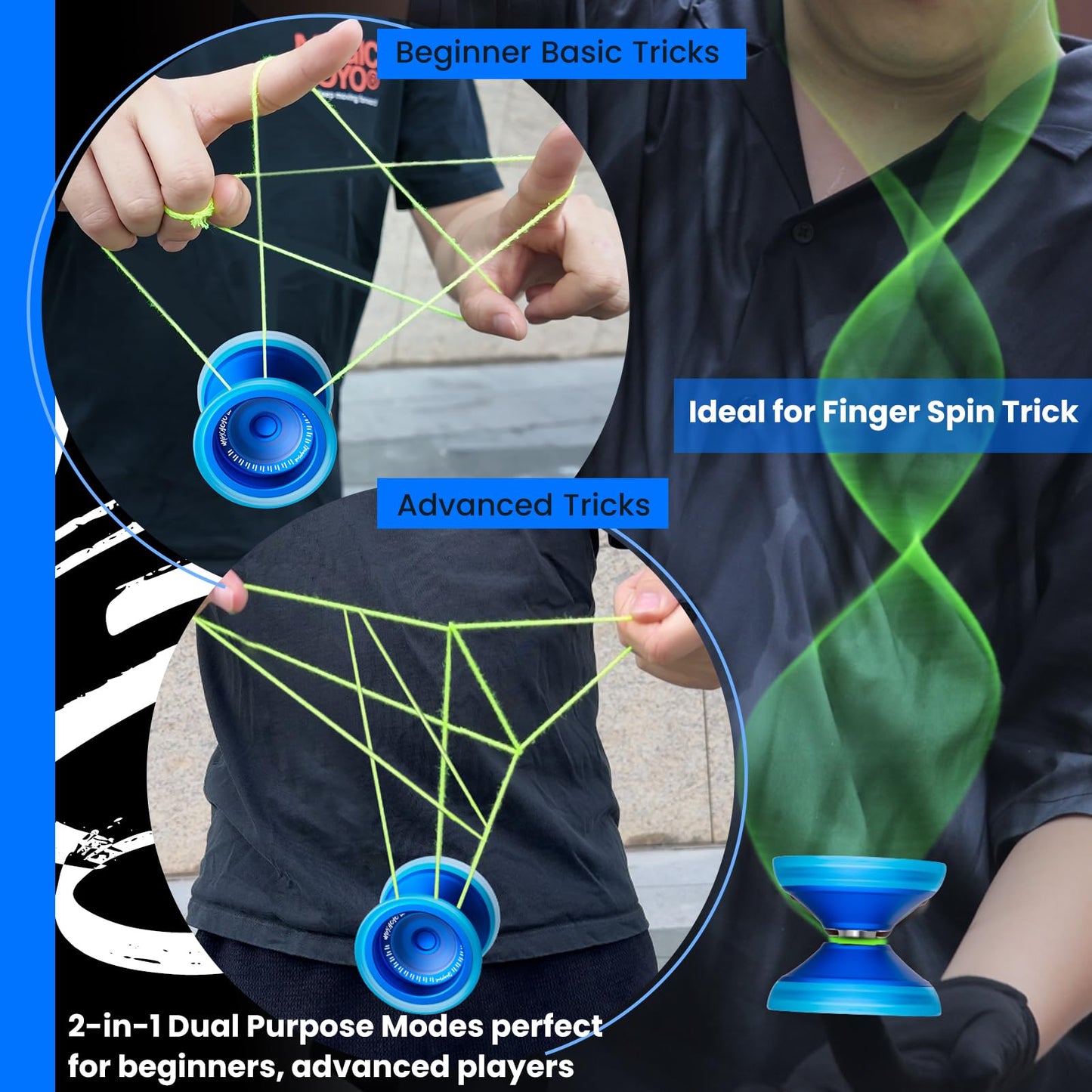 MAGICYOYO V13 DEEPSPIN Bi-Material Yoyo for Kids 8-12, Dual-Function Yoyo Professional for All Skill Levels, Trick Yo-yo with 12 Yoyos Strings, Finger Brace, Bearing Kit (Blue+Blue Rings)