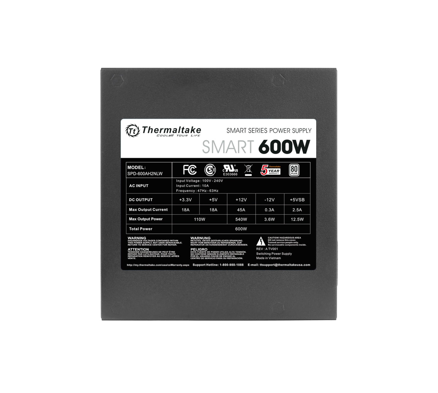 Thermaltake Smart 600W ATX 12V V2.3/EPS 12V 80 Plus Certified Active PFC Power Supply PS-SPD-0600NPCWUS-W