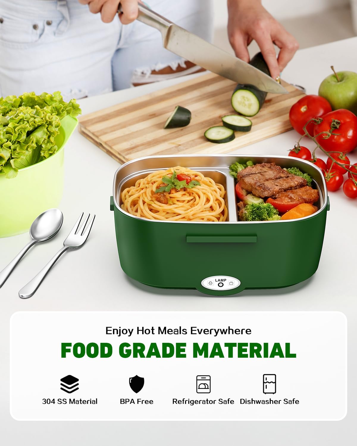 Electric Lunch Box for Adults – 80W Fast Heating Portable Food Warmer for Car, Truck & Office – Heated Lunch Box with 1.5L SS Containers, Leak-Proof Lonchera Eléctrica Portátil (GN)