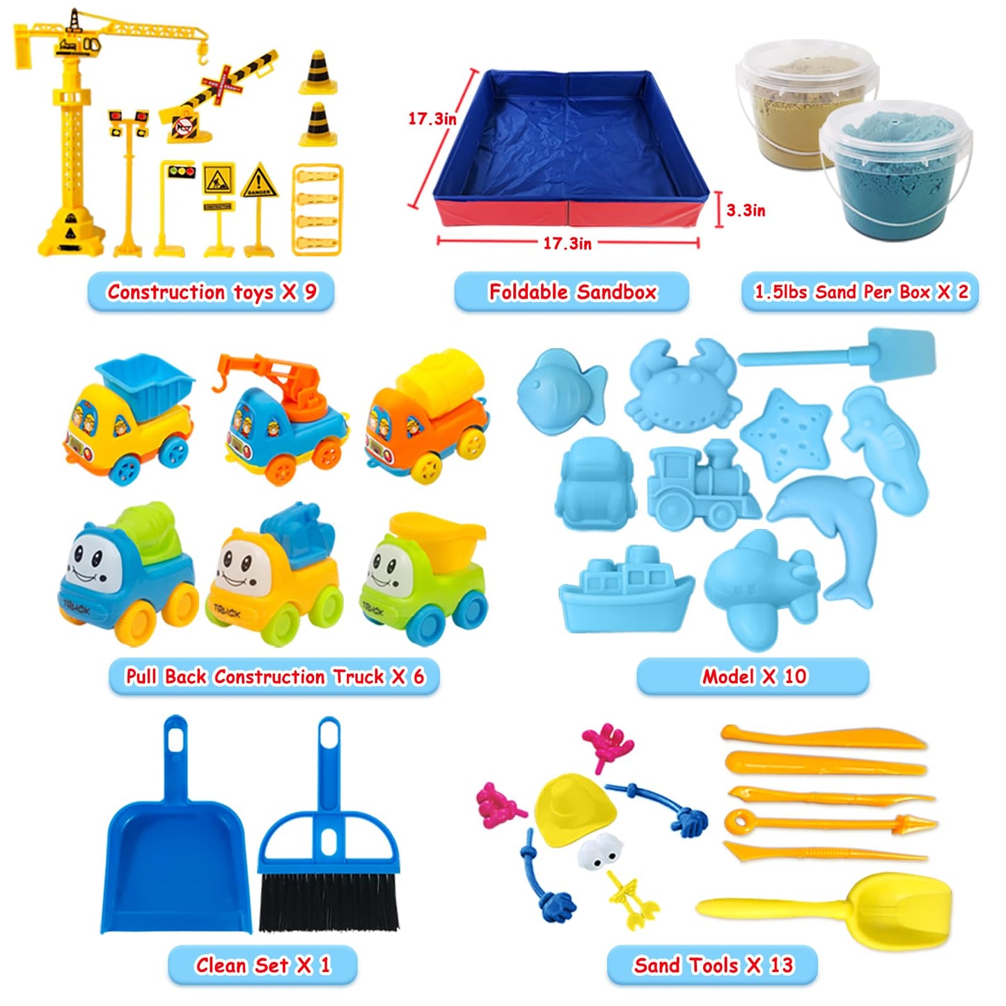 Play Construction Sand Kit - 3lbs Sand with 2 Colors, 6 Mini Construction Trucks, Construction Toys and Signs, Animal Mold, Modeling Tools, Foldable Sandbox with Clean Set Gifts for Boys Girls