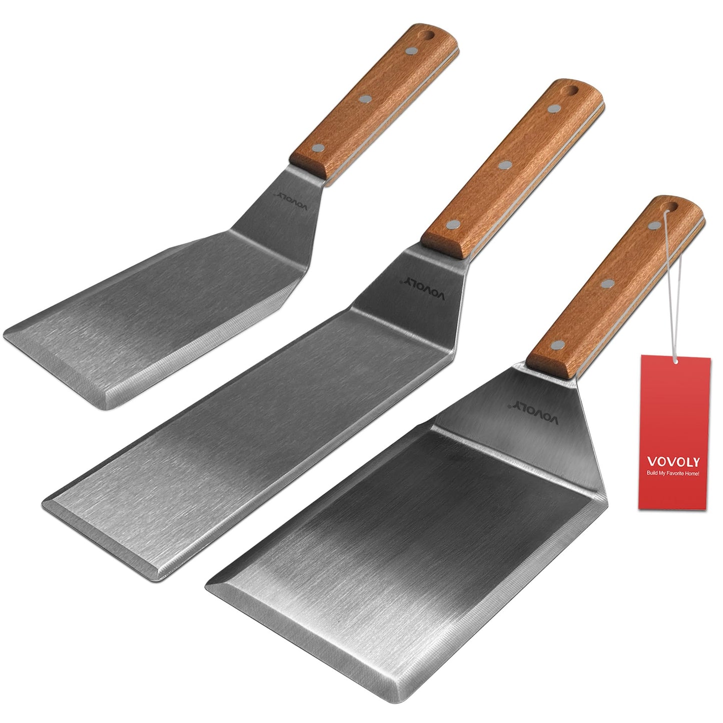 Vovoly Stainless Steel Spatula Set, Heavy Duty Grill Spatula with Full Tang Wooden Handle, Beveled Edges, Perfect for Cast Iron Griddle BBQ Flat Top Grill, Pancake, Burgers