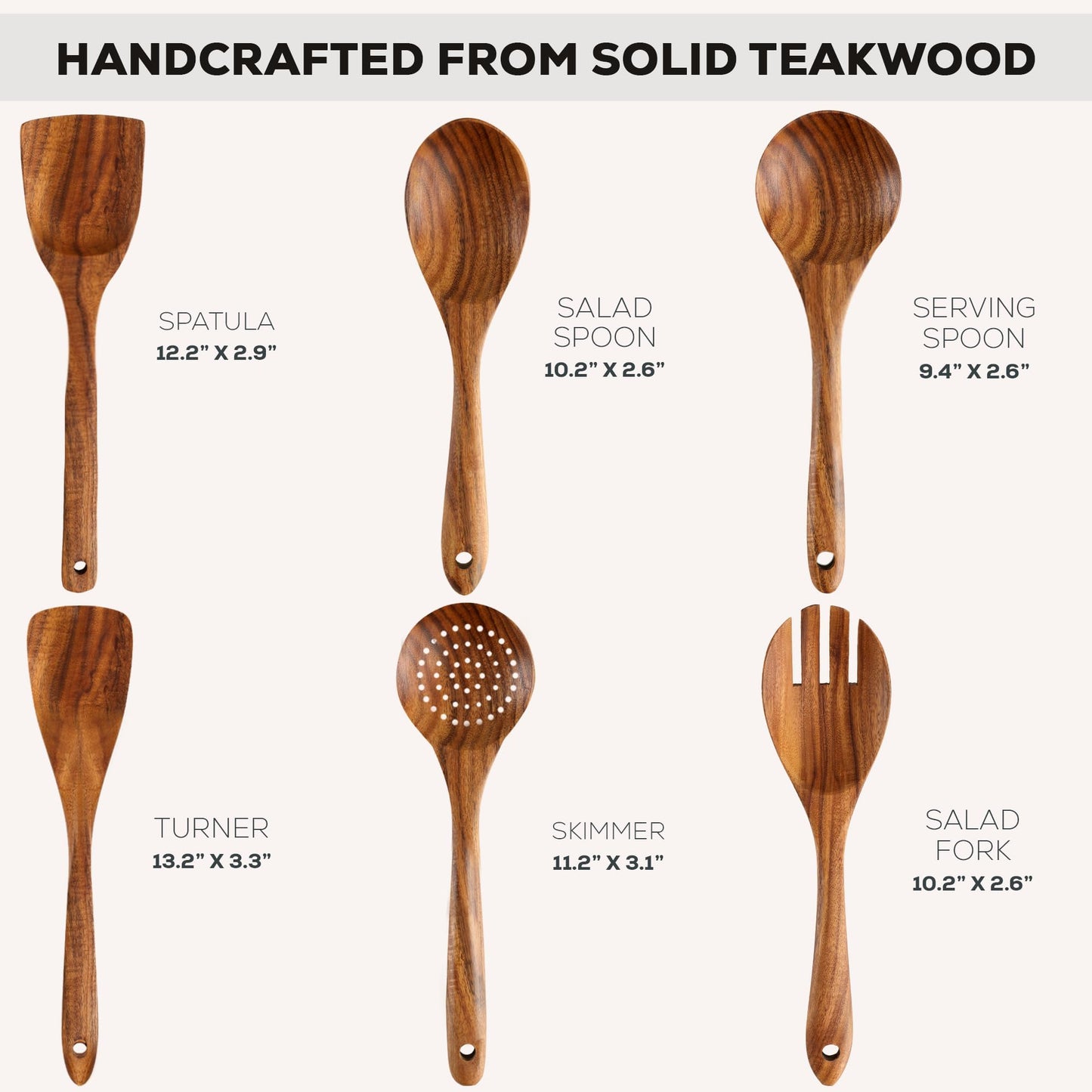 Zulay Kitchen 6-Piece Wooden Spoons for Cooking - Smooth Finish Teak Utensils - Soft Comfortable Grip Wood Spoons - Non-Stick Wooden Cooking Utensils - Teak Spoon Utensil Sets